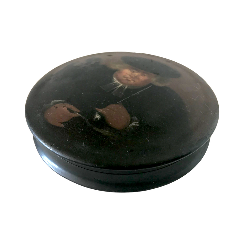 c. 1790-1800 French Papier Maché Snuff Box with a Priest Smoking a Pipe