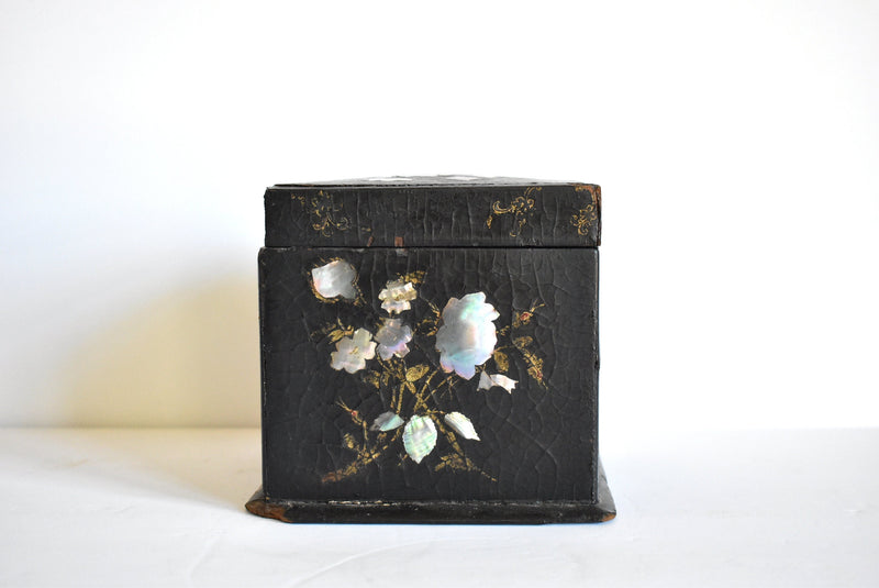 Antique 19th-Century Papier Mache and Mother of Pearl Tea Caddy Box