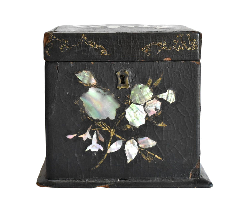 Antique 19th-Century Papier Mache and Mother of Pearl Tea Caddy Box