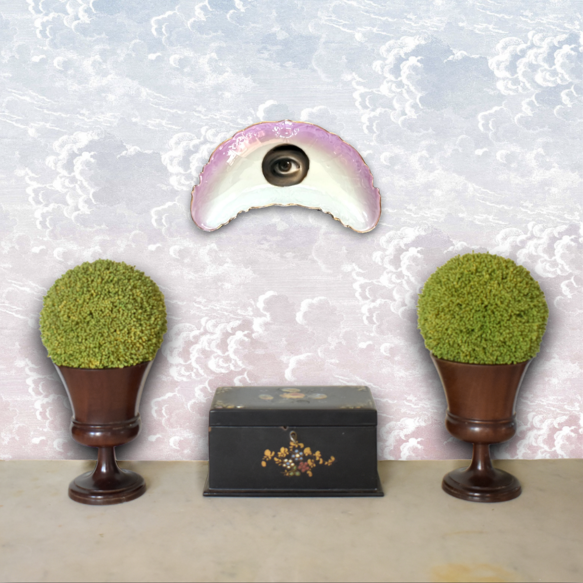 No. 2317 Lover's Eye Painting on a Pink & White Crescent Dish