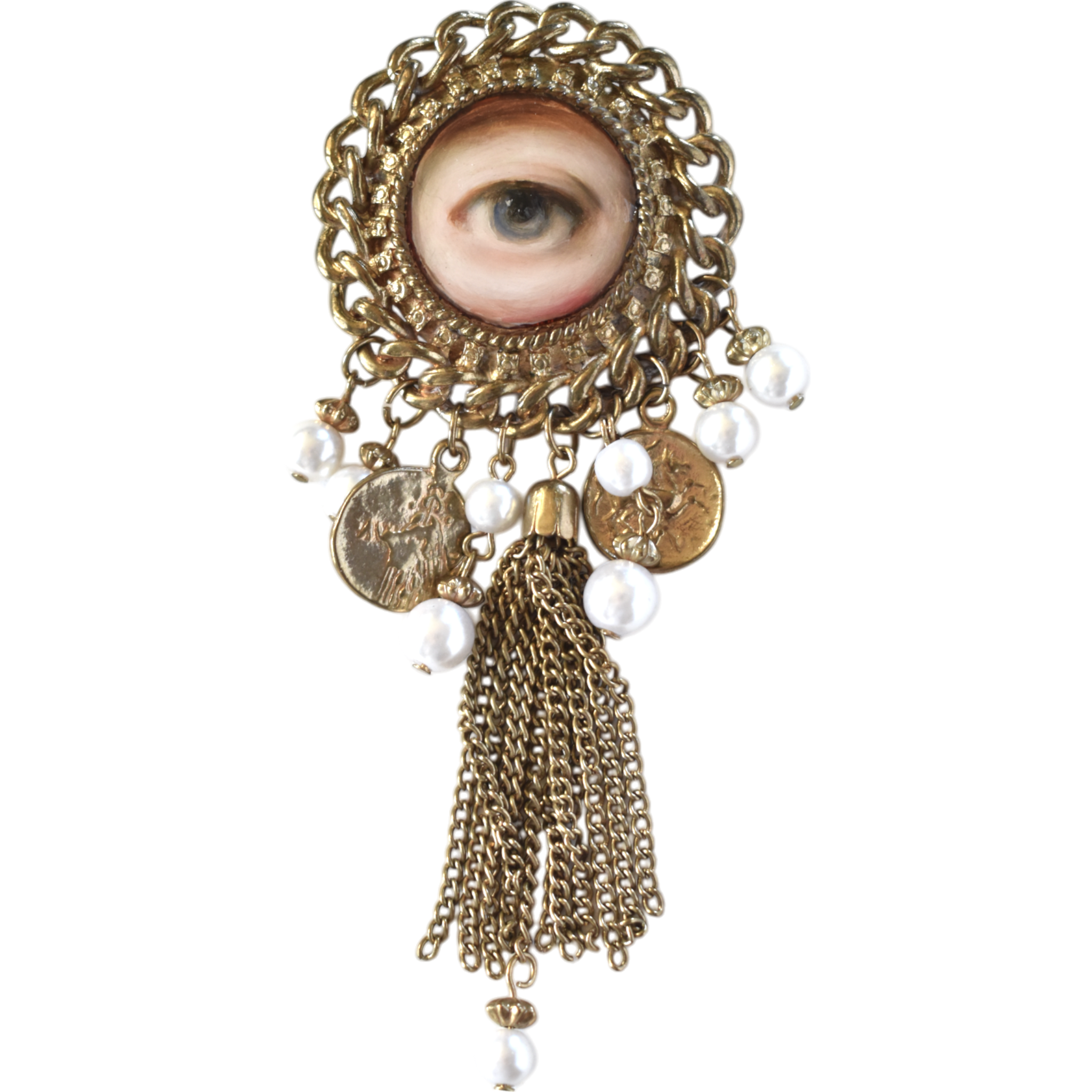 No. 2605 Lover's Eye Tassel Brooch with Faux Pearls and Classical Coins