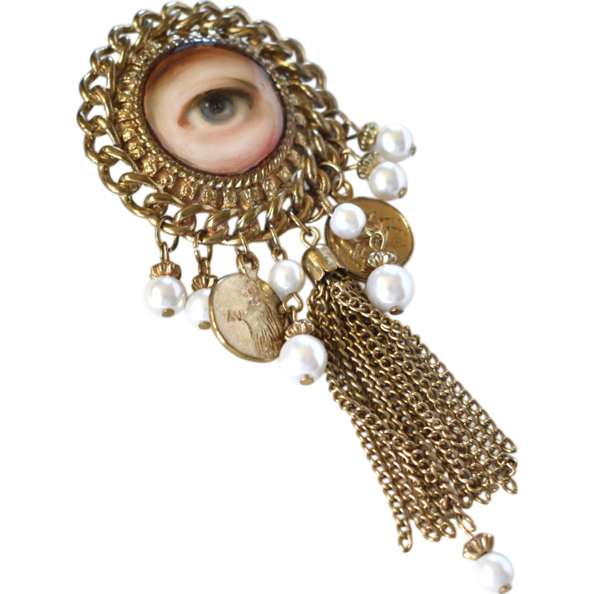 No. 2605 Lover's Eye Tassel Brooch with Faux Pearls and Classical Coins