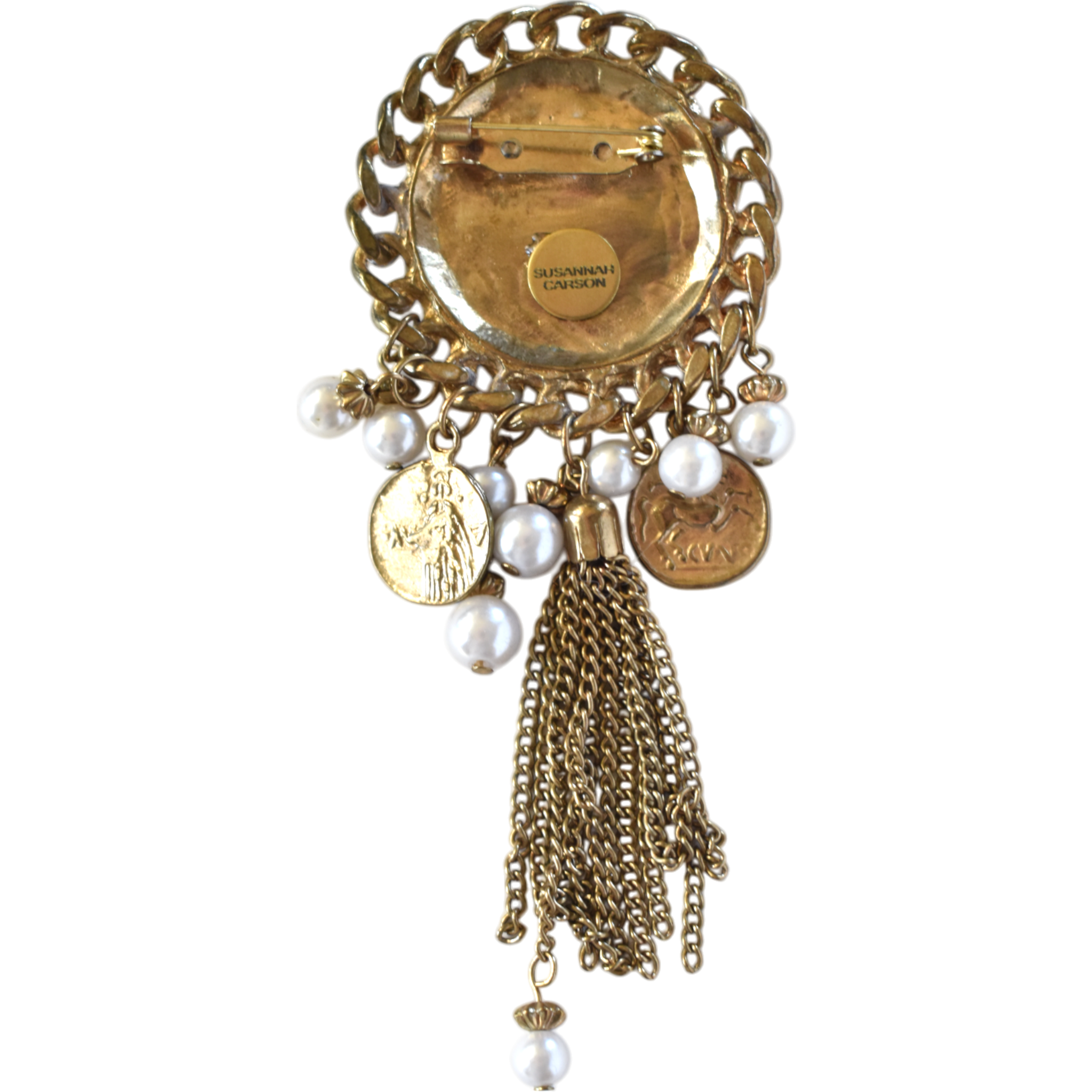 No. 2605 Lover's Eye Tassel Brooch with Faux Pearls and Classical Coins