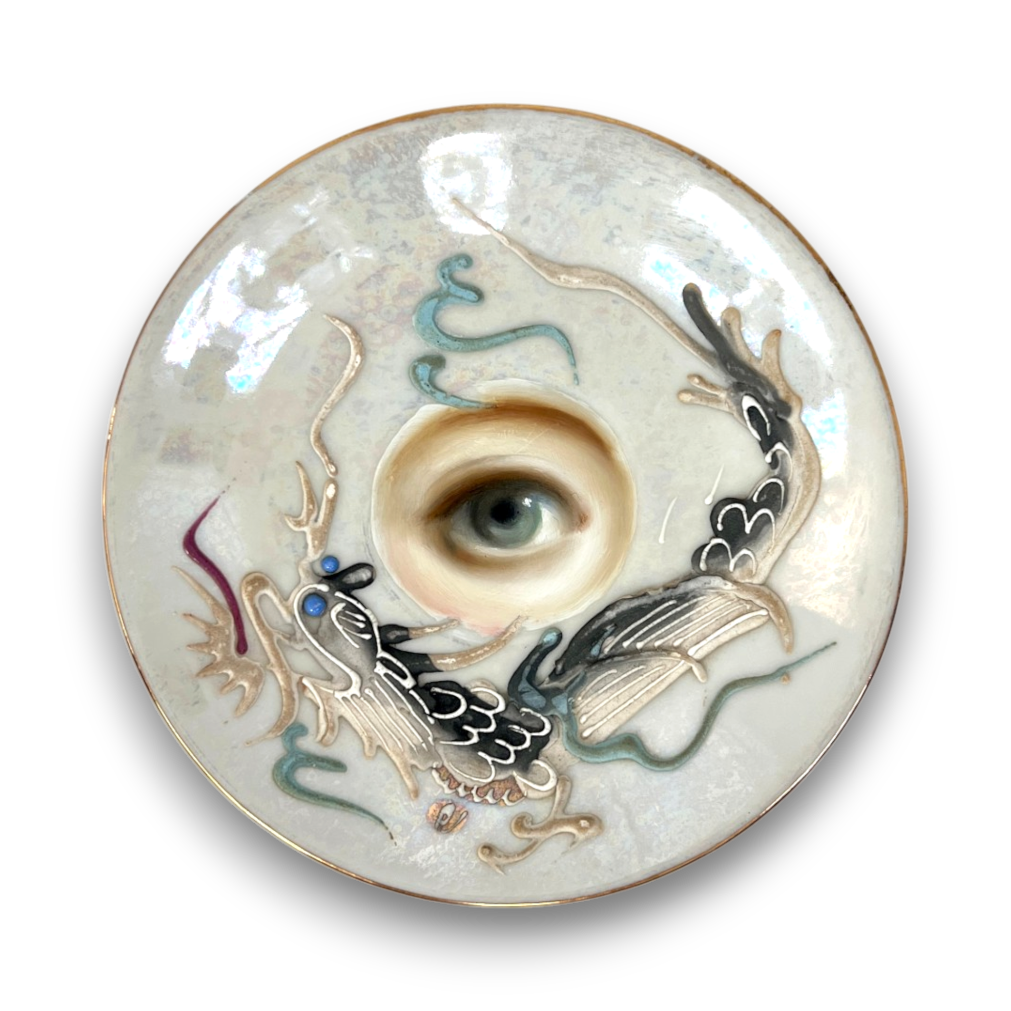 No. 3803 Lover’s Eye Painting on an Iridescent Dragonware Plate