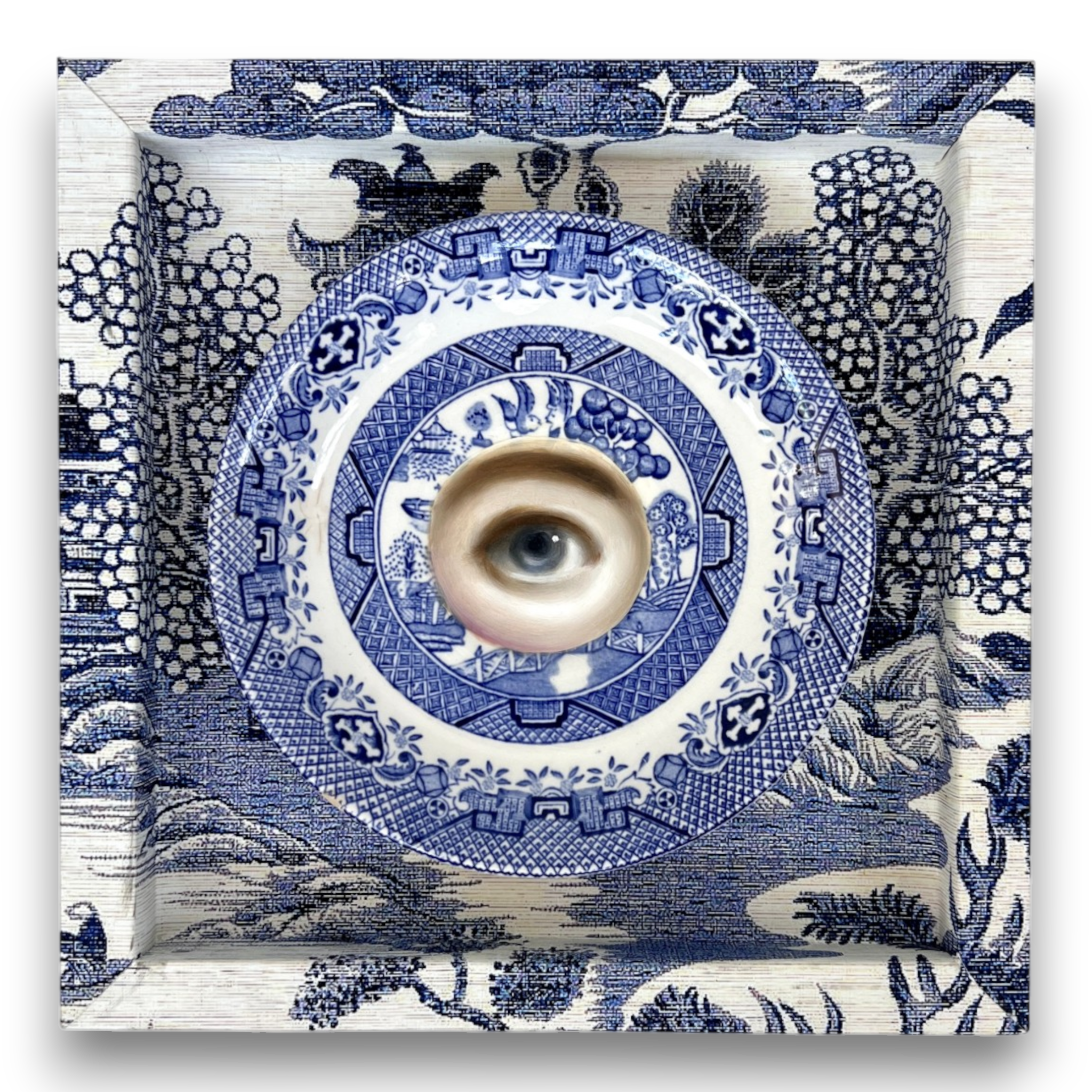No. 3799 Lover’s Eye Painting on a Blue Willow Plate