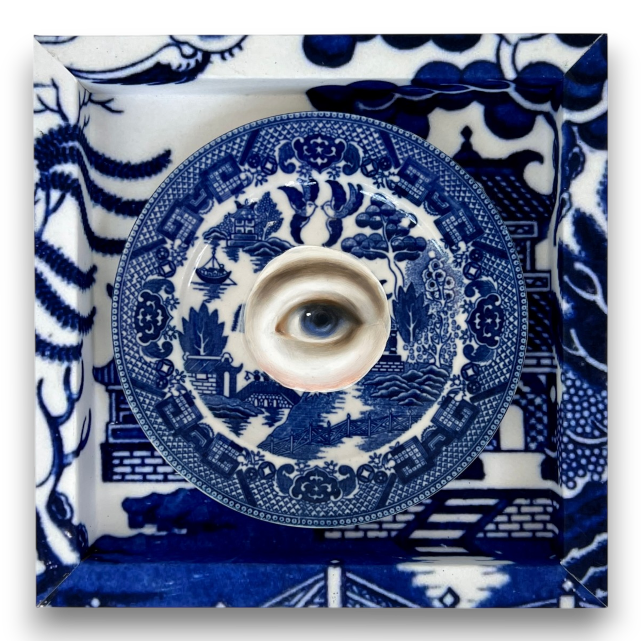No. 3802 Lover’s Eye Painting on a Blue Willow Plate