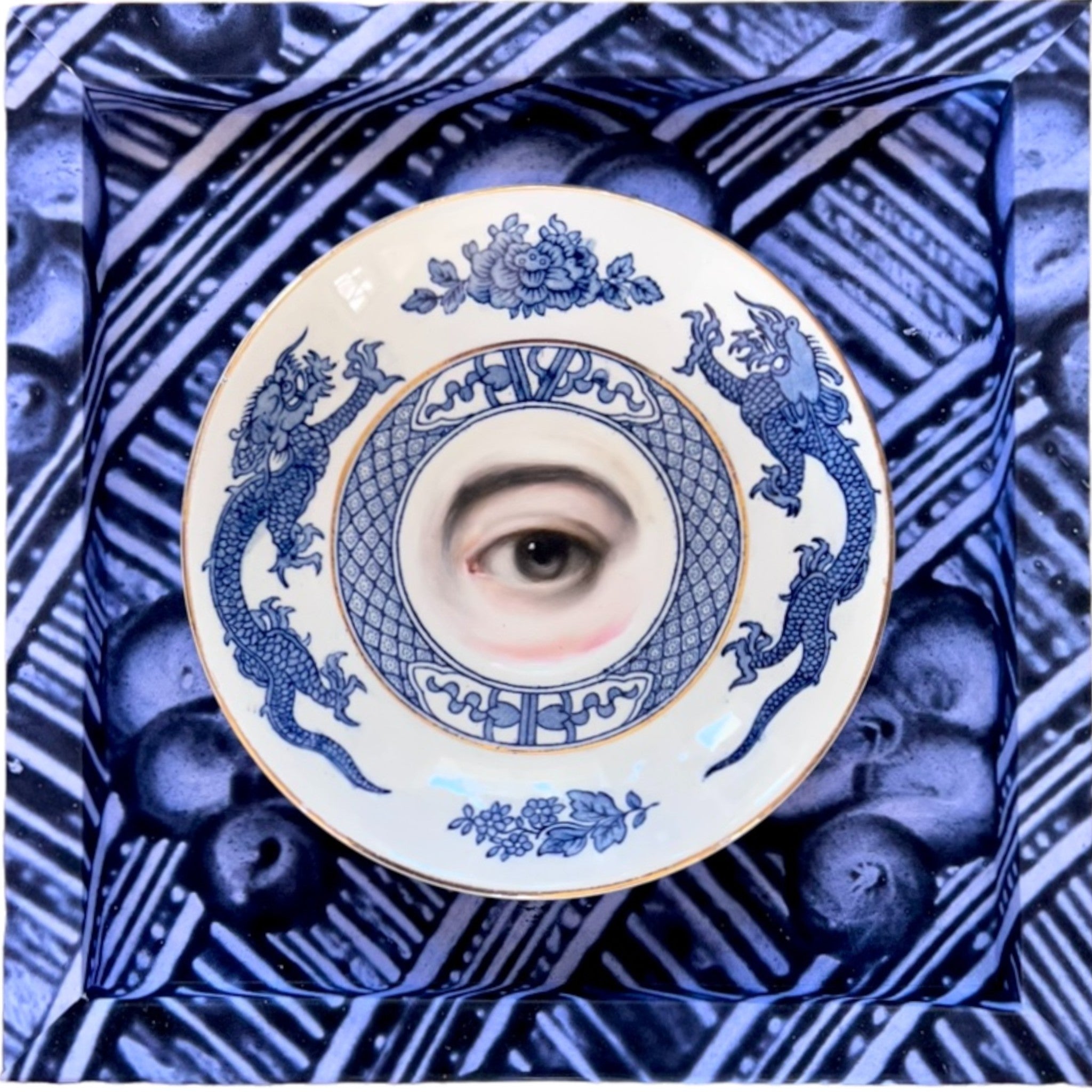 No 1932 Lover's Eye Painting on a Blue Dragon Plate