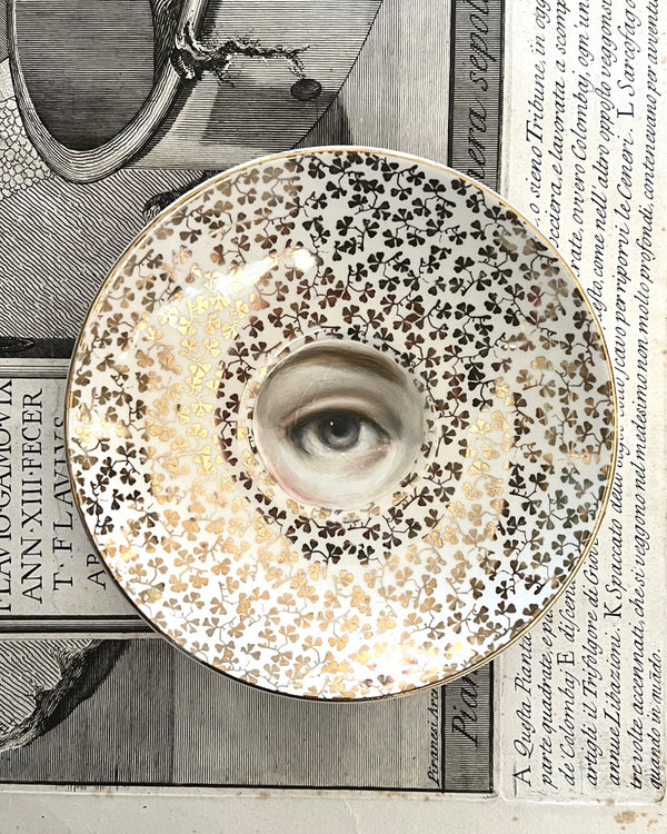 New! - Lover's Eye Painting on an English Gold Clover Leaf Plate