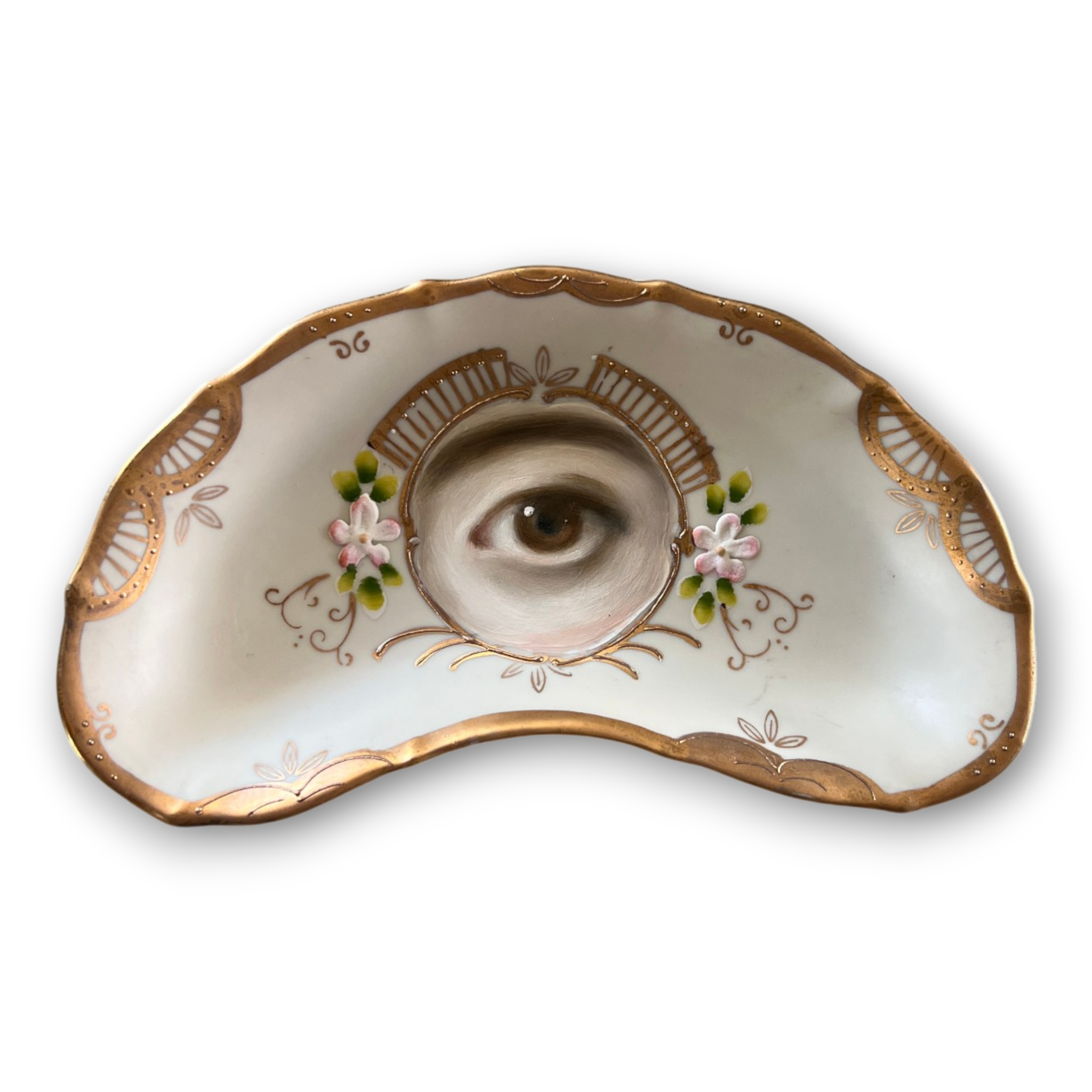No. 3569 Lover's Eye Painting on a Rococo Crescent Dish - Butter Yellow