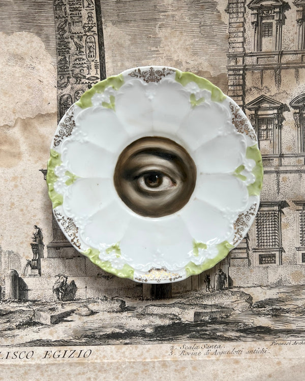 Lover's Eye Painting on a Green & Gold German Porcelain Plate