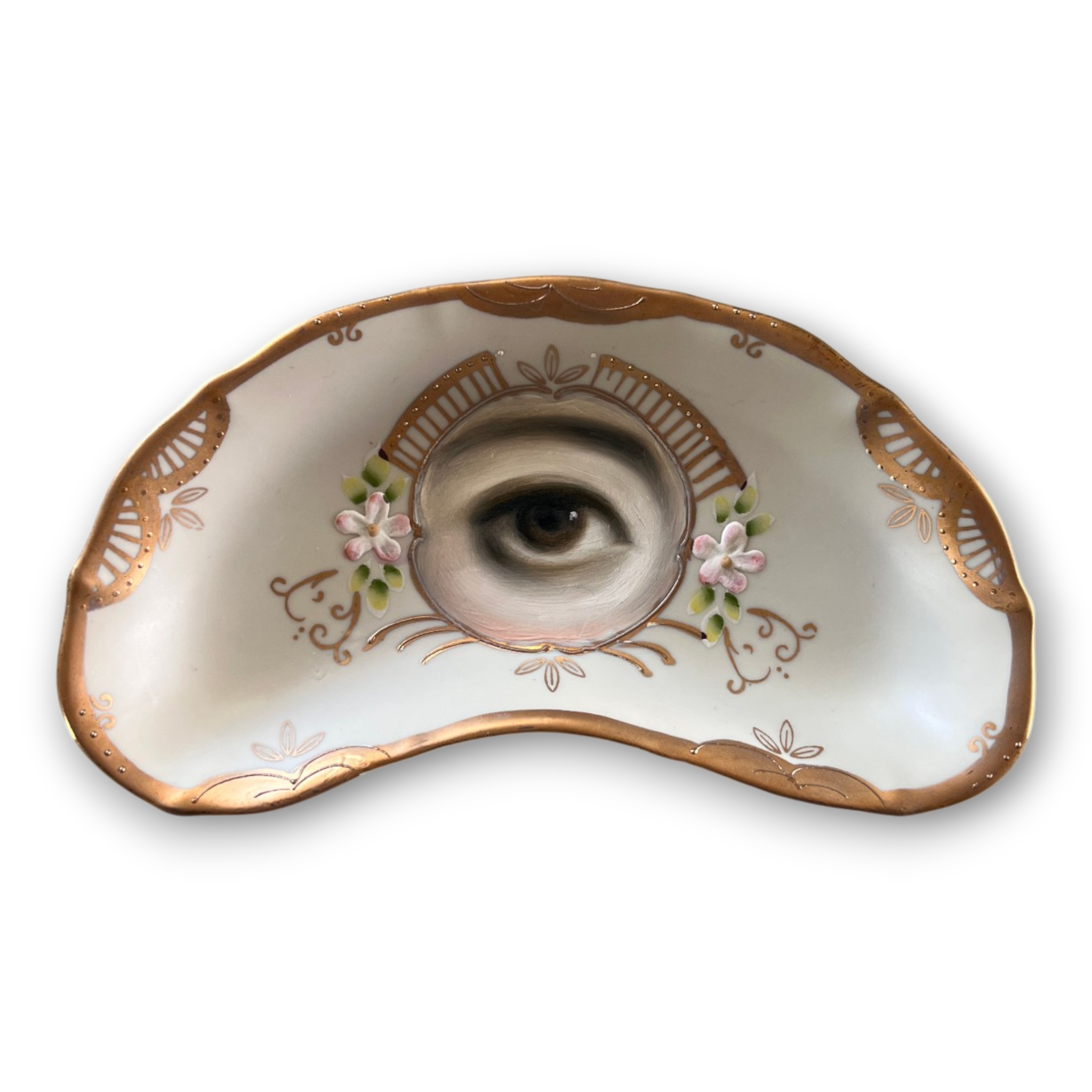 No. 3571 Lover's Eye Painting on a Rococo Crescent Dish - Butter Yellow