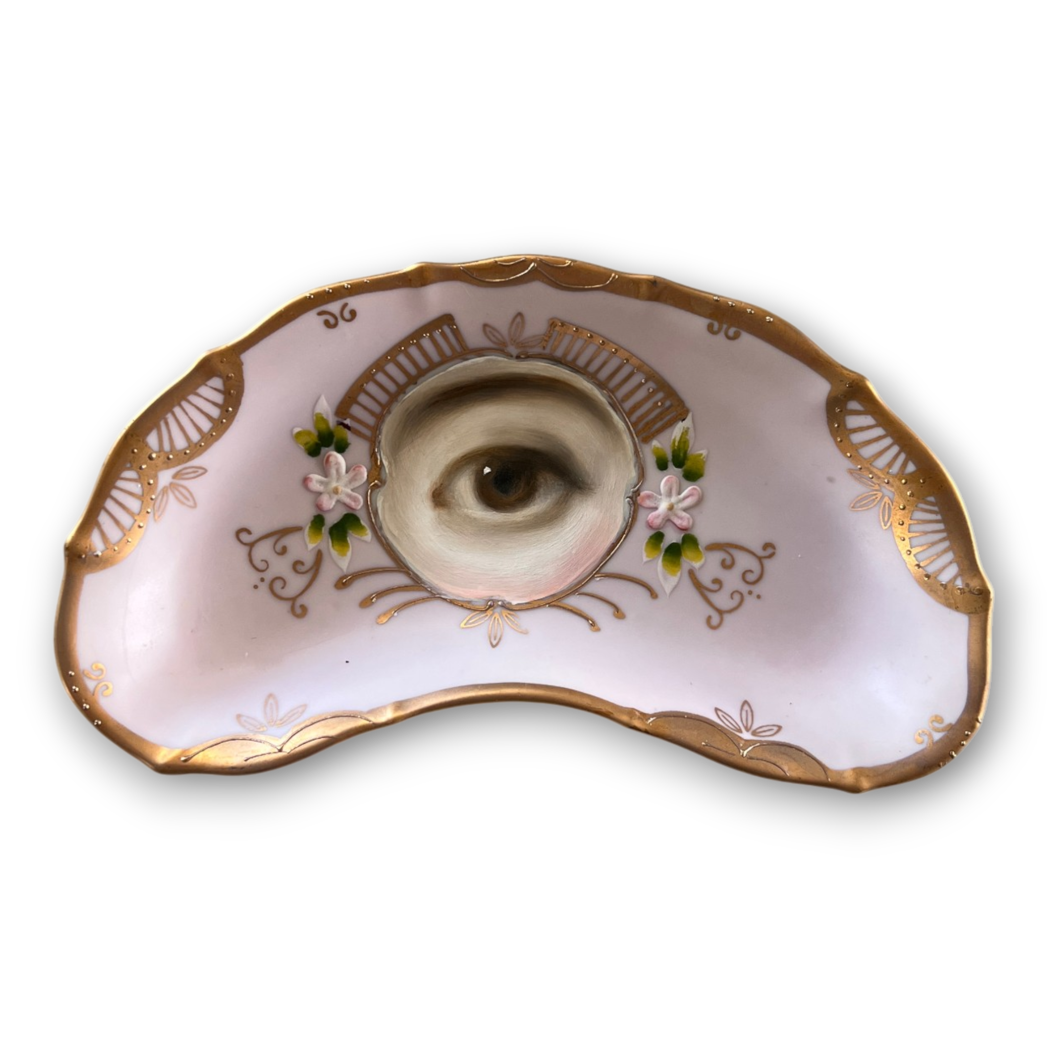 No. 3576 Lover's Eye Painting on a Rococo Crescent Dish - Petal Pink