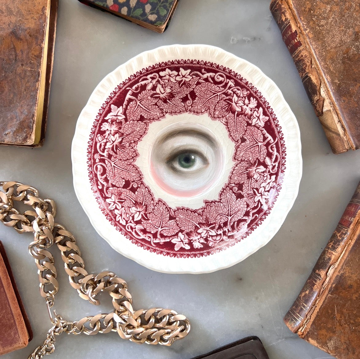 No. 3325 Lover's Eye Painting on an English Red Ivy Transferware Plate