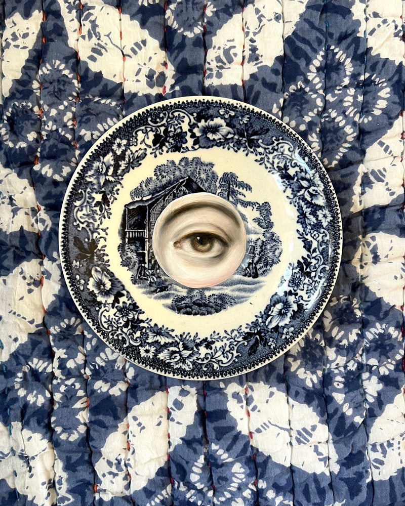 New! - Lover's Eye Painting on a Blue & White Staffordshire Plate