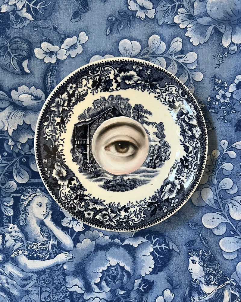 New! - Lover's Eye Painting on a Blue & White Staffordshire Plate