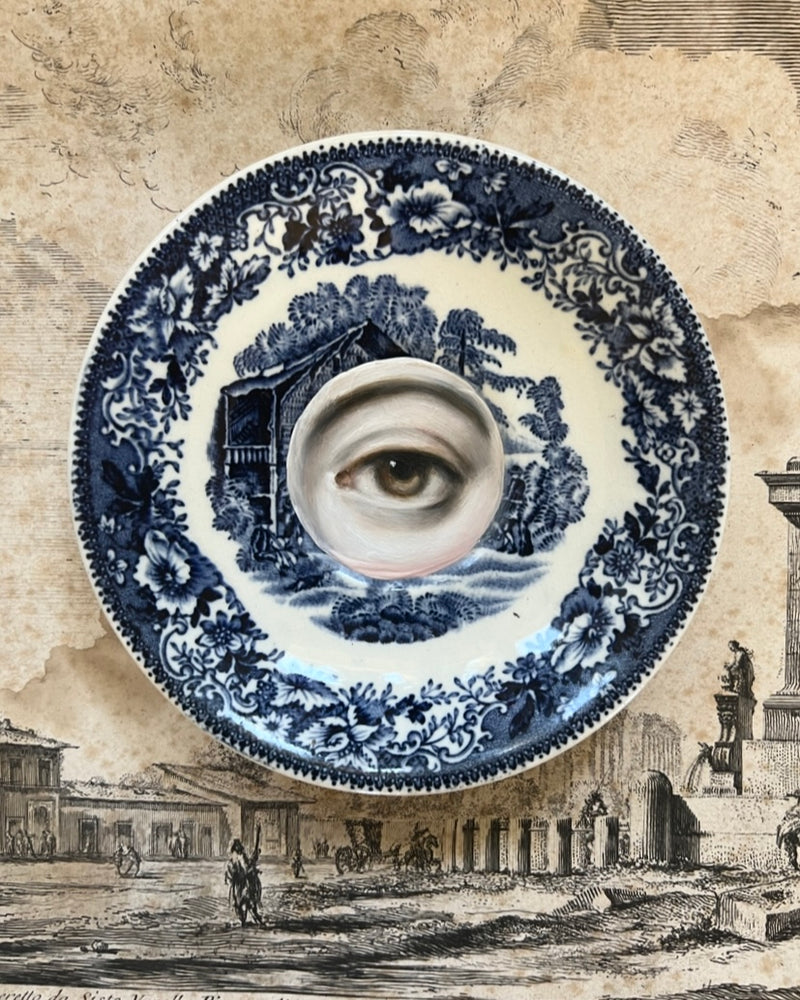 New! - Lover's Eye Painting on a Blue & White Staffordshire Plate