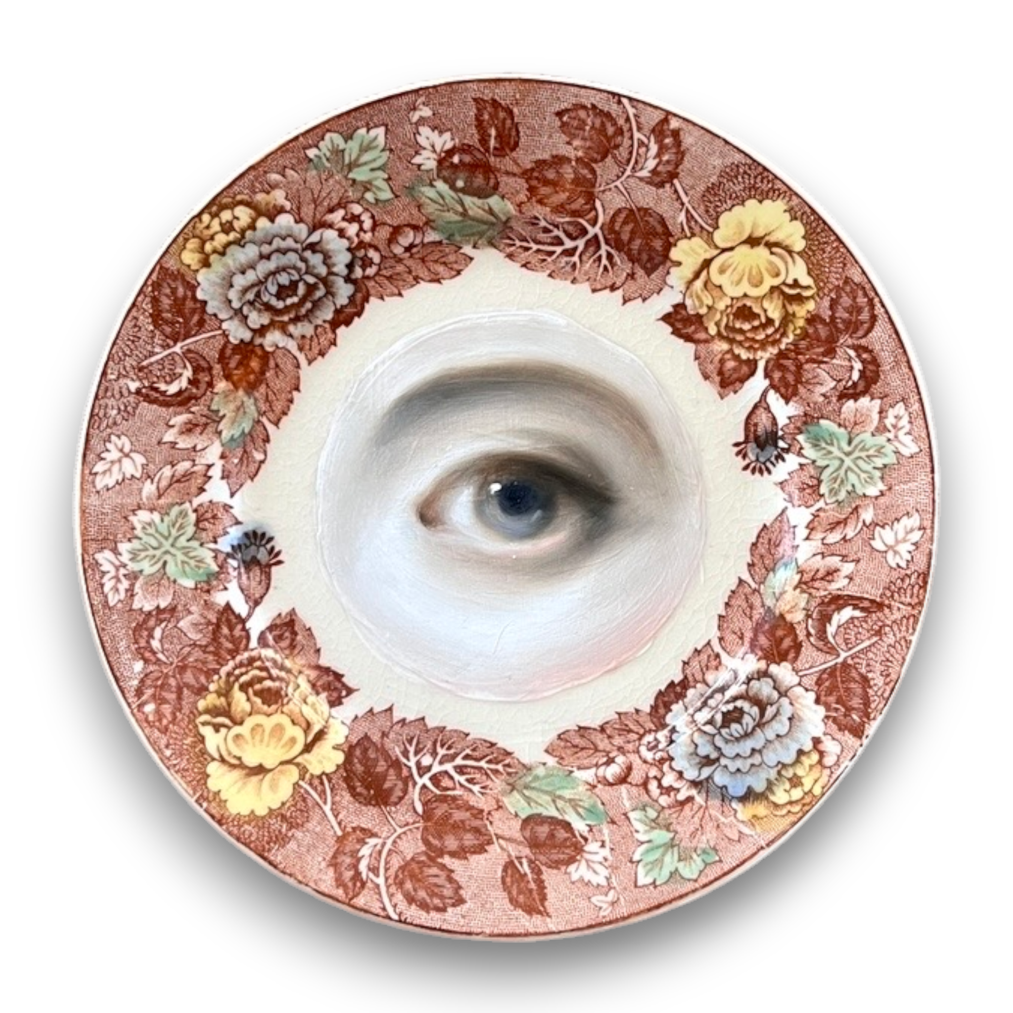No. 3578 Lover's Eye Painting on a Sepia Botanical Staffordshire Plate