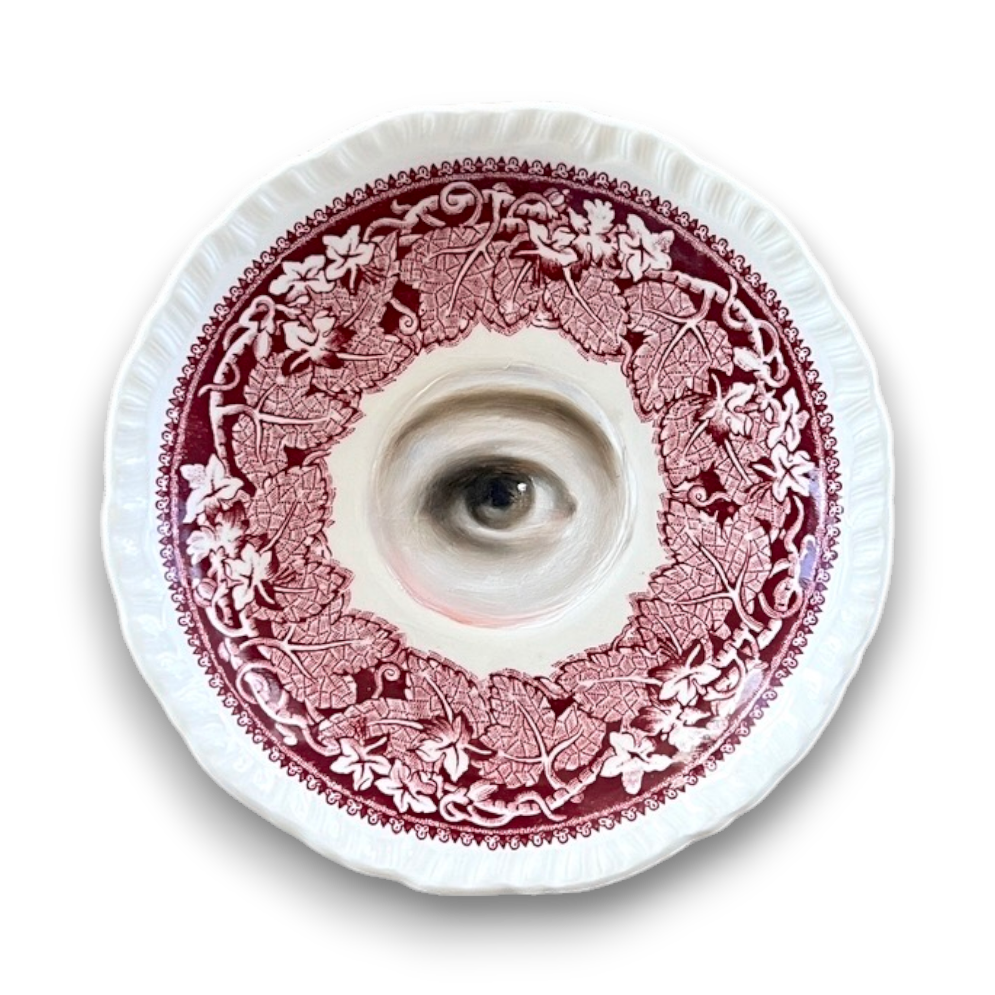 No. 3593 Lover's Eye Painting on a Red Ivy Leaf Staffordshire Plate