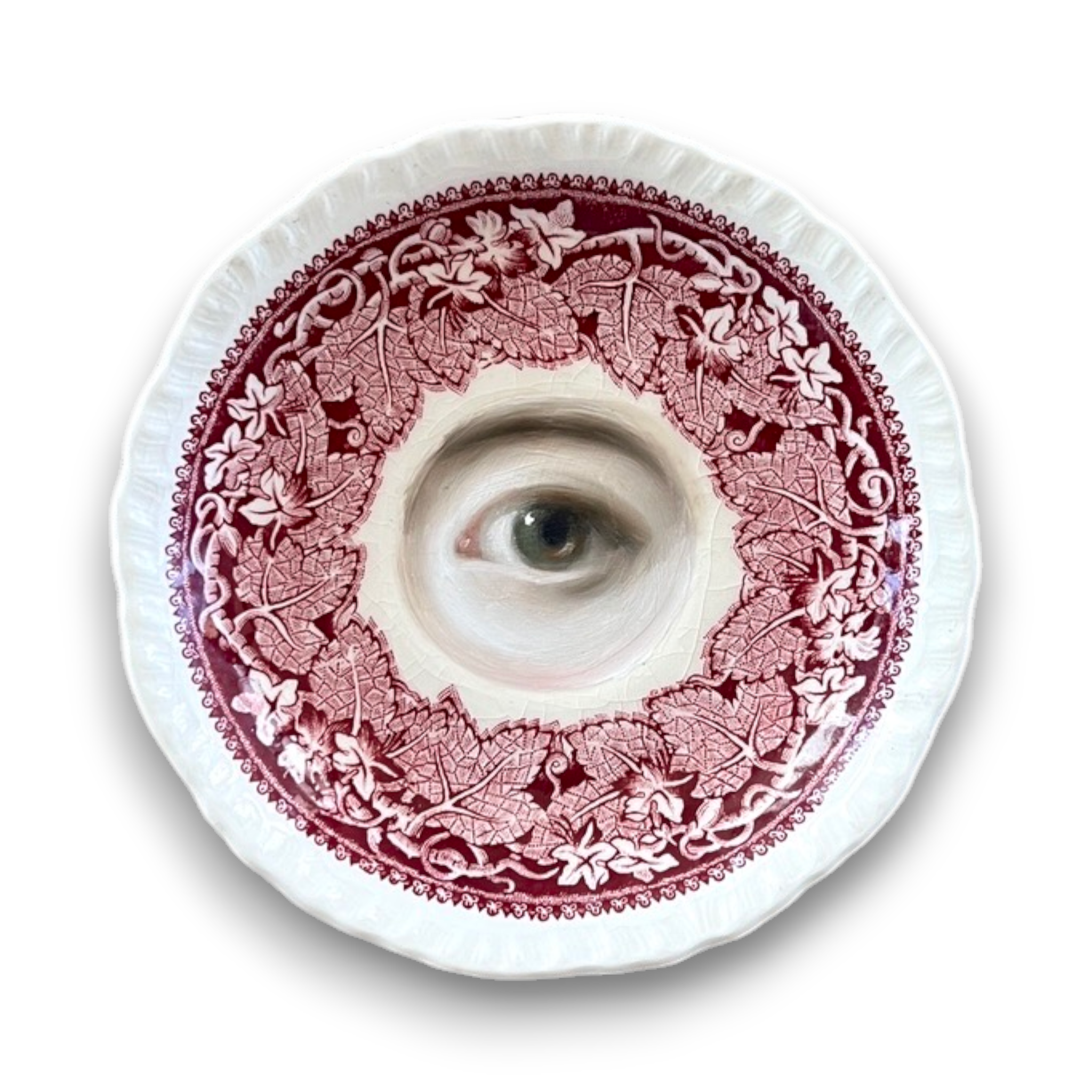 No. 3594 Lover's Eye Painting on a Red Ivy Leaf Staffordshire Plate