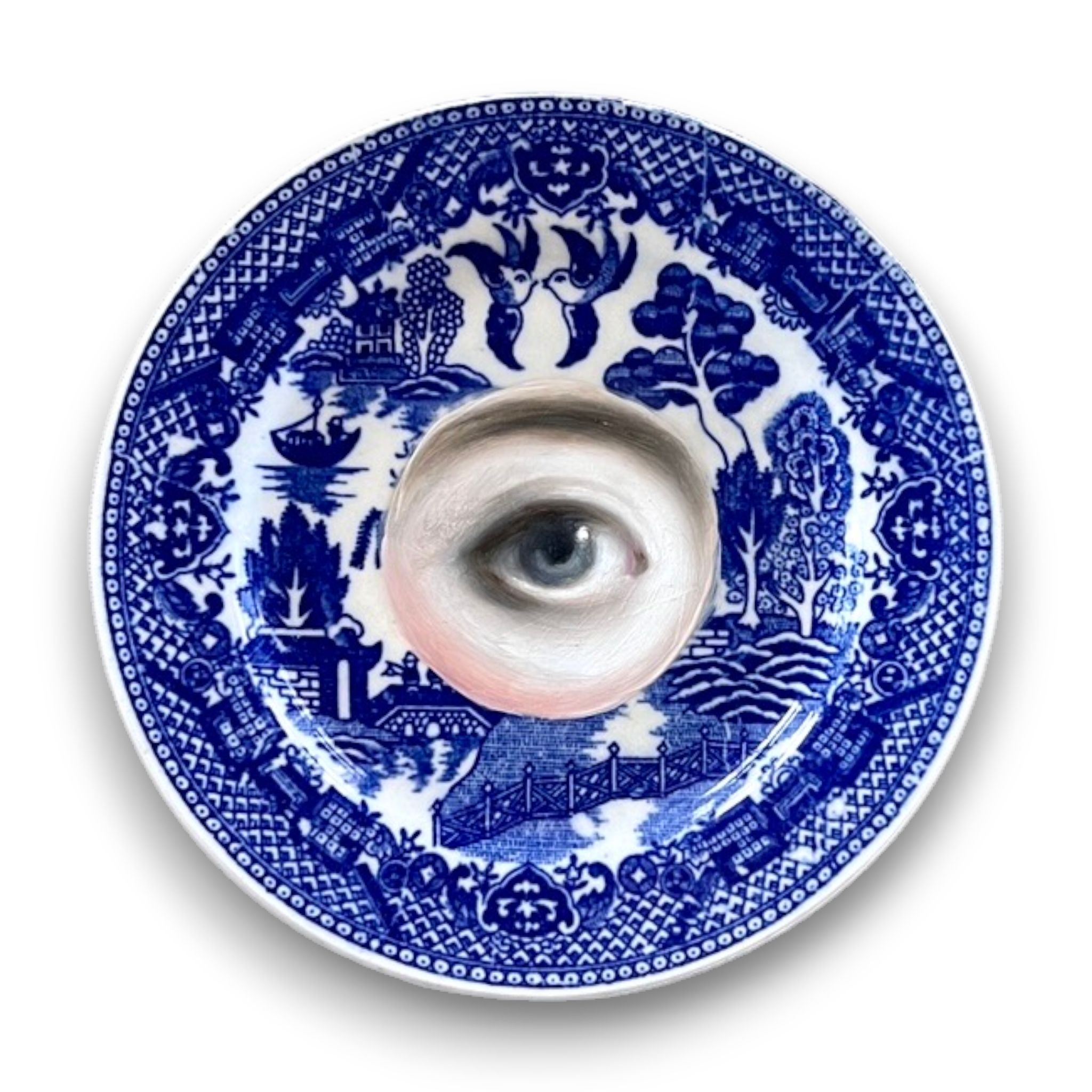 No. 3597 Lover's Eye Painting on a Blue Willow Staffordshire Plate