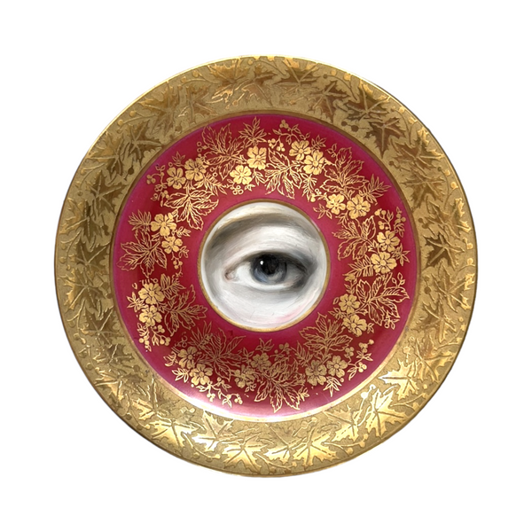 Lover's Eye Painting on a French Limoges Deep Pink & Gold Botanical Plate