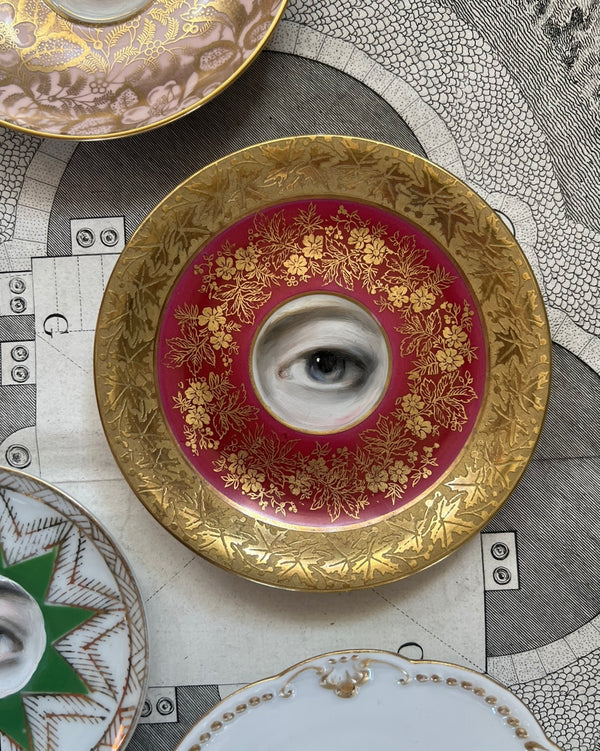 Lover's Eye Painting on a French Limoges Deep Pink & Gold Botanical Plate