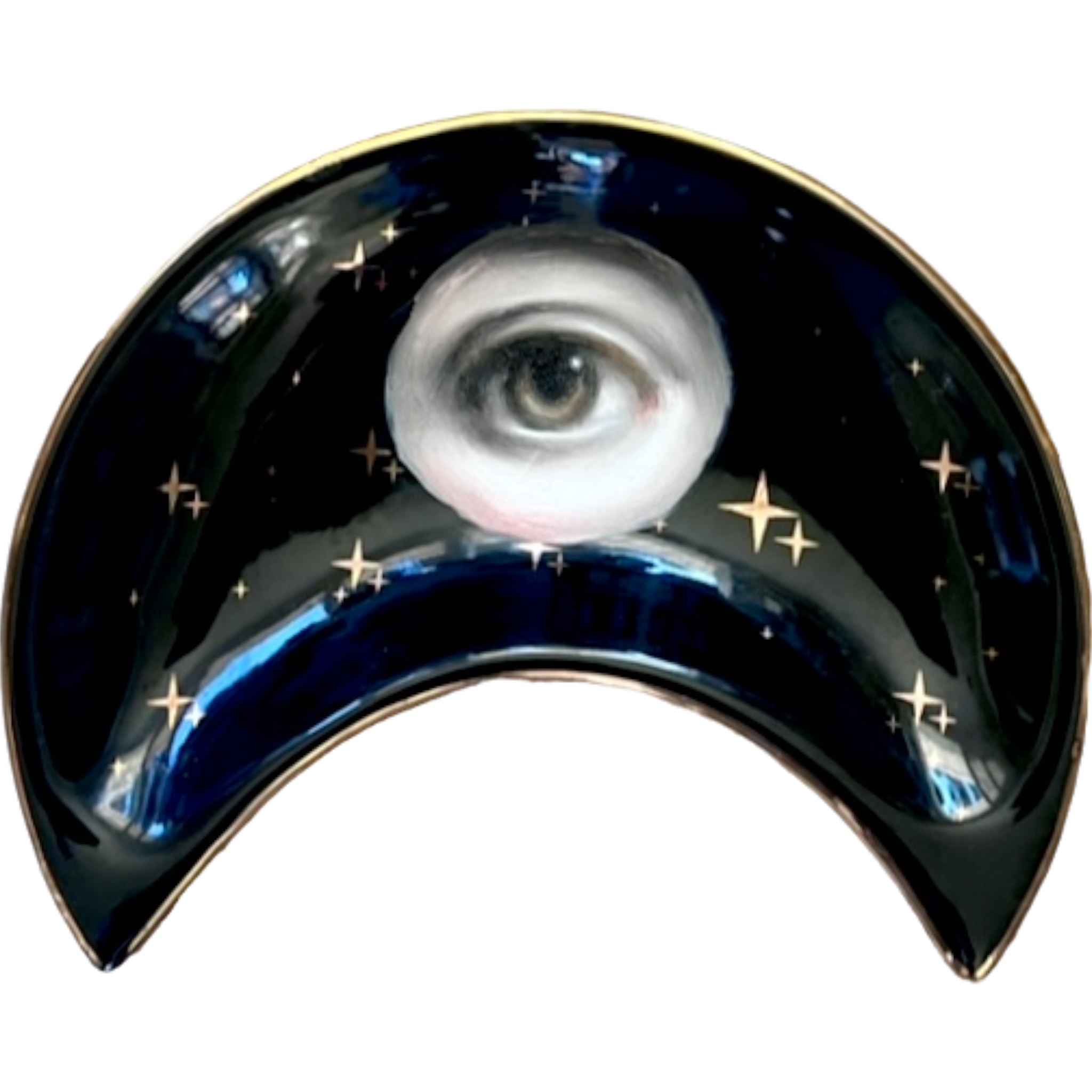 No. 2125 Lover's Eye Painting on a Black Crescent Moon Dish with Gold Stars