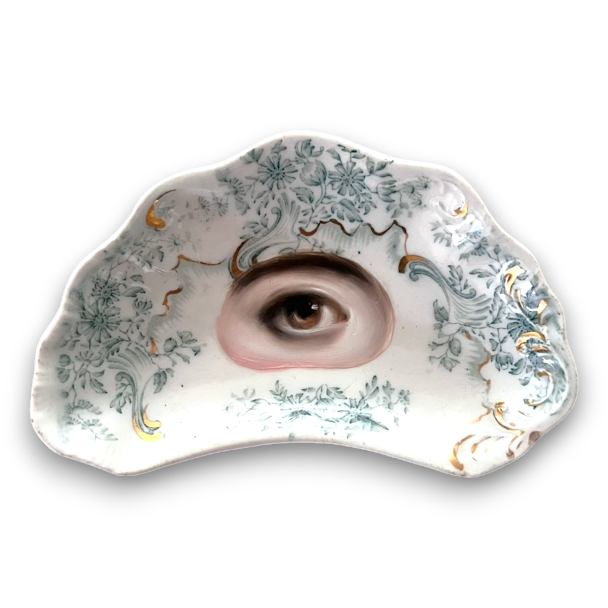 No. 2736 Lover's Eye Painting on an English Blue Transferware Crescent Dish