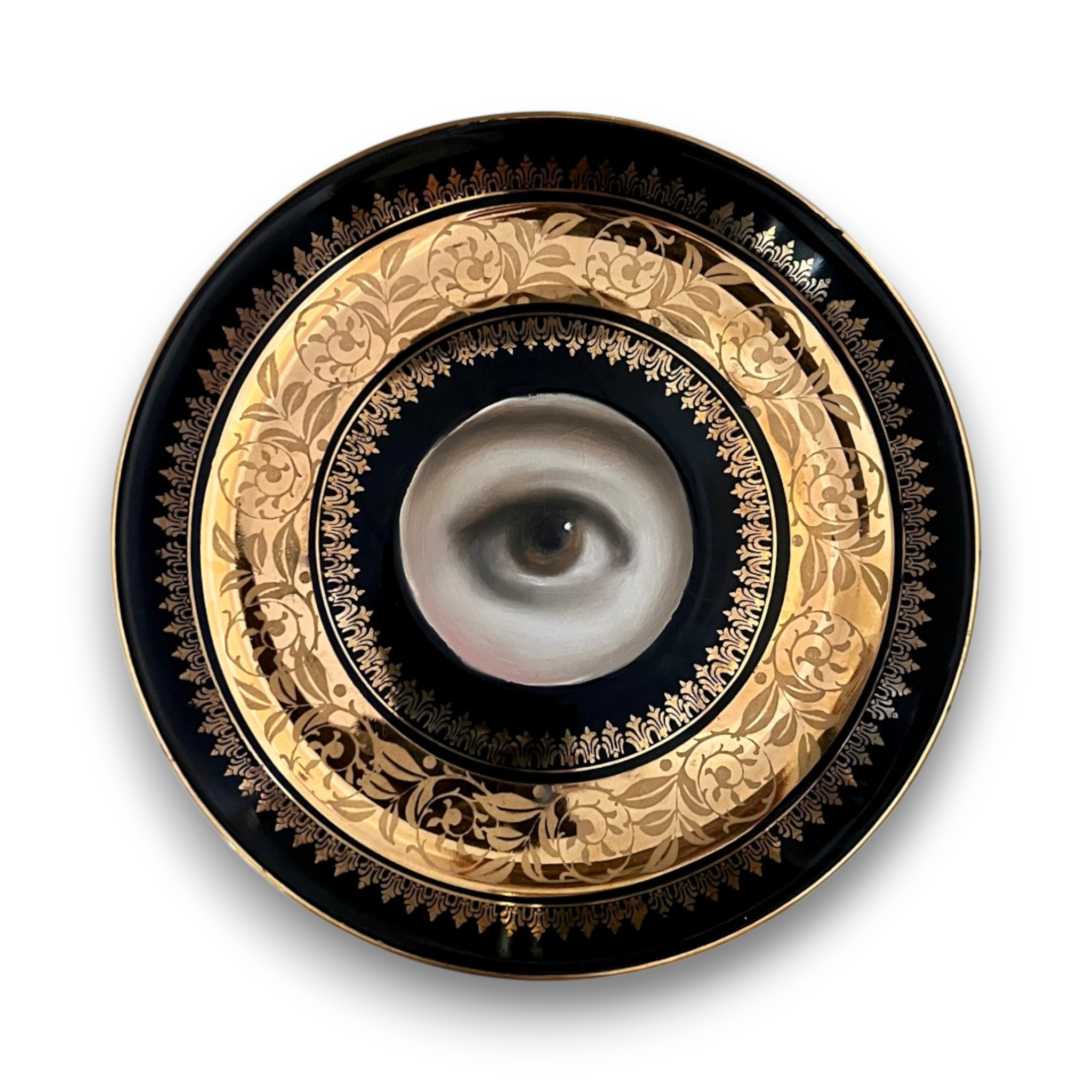 No. 3649 Lover's Eye Painting on a Dresden Black & Gold Plate