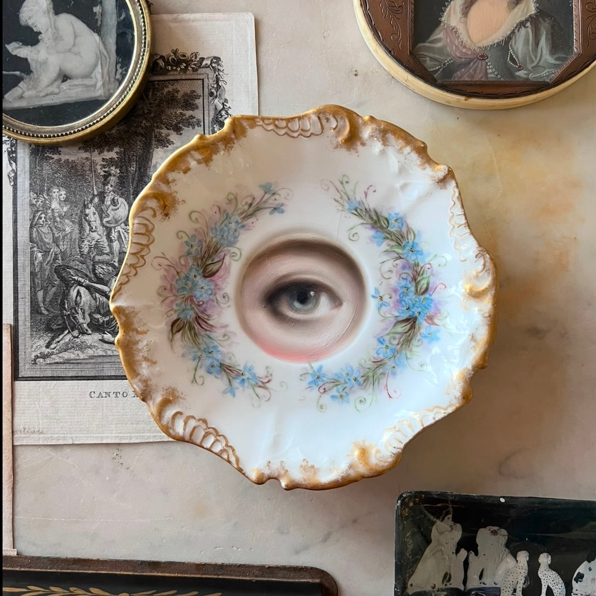 No. 2757 Lover's Eye Painting on a French Limoges Blue Floral Plate