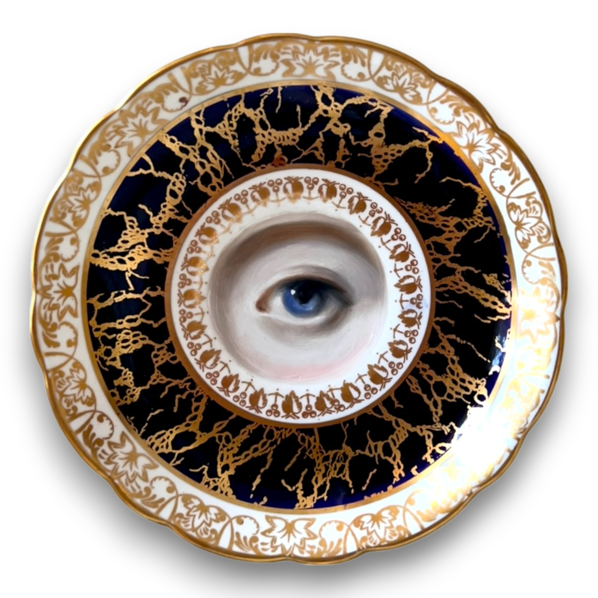 No. 2764 Lover's Eye Painting on an English Gold and Marbled Blue Plate