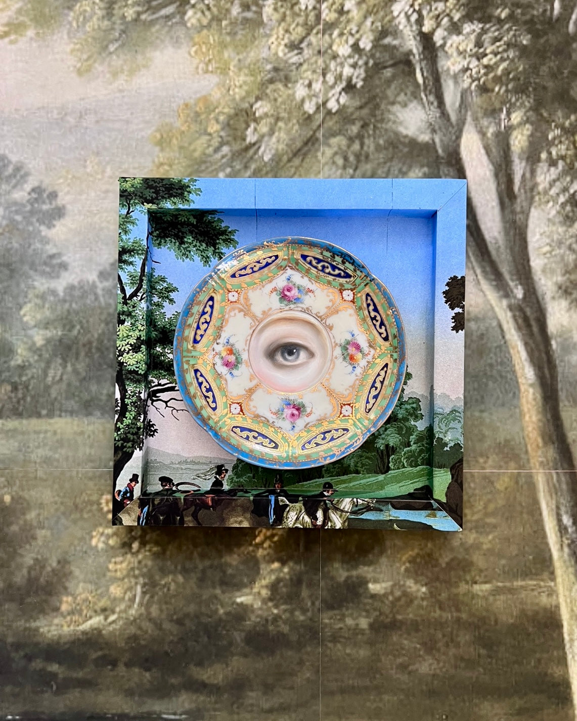 No. 2191 Lover's Eye Painting on a Green, Blue, and Gilt Floral Porcelain Plate