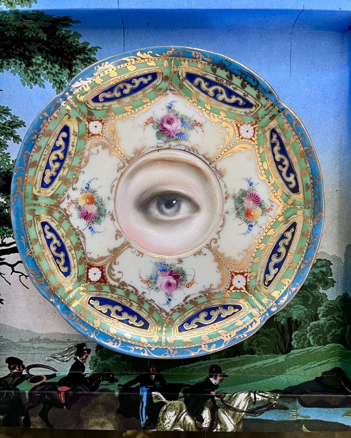 No. 2191 Lover's Eye Painting on a Green, Blue, and Gilt Floral Porcelain Plate