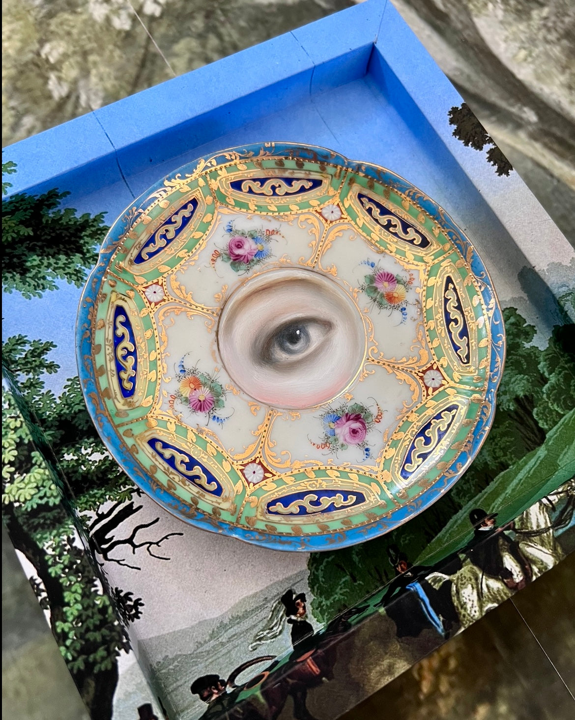 No. 2191 Lover's Eye Painting on a Green, Blue, and Gilt Floral Porcelain Plate