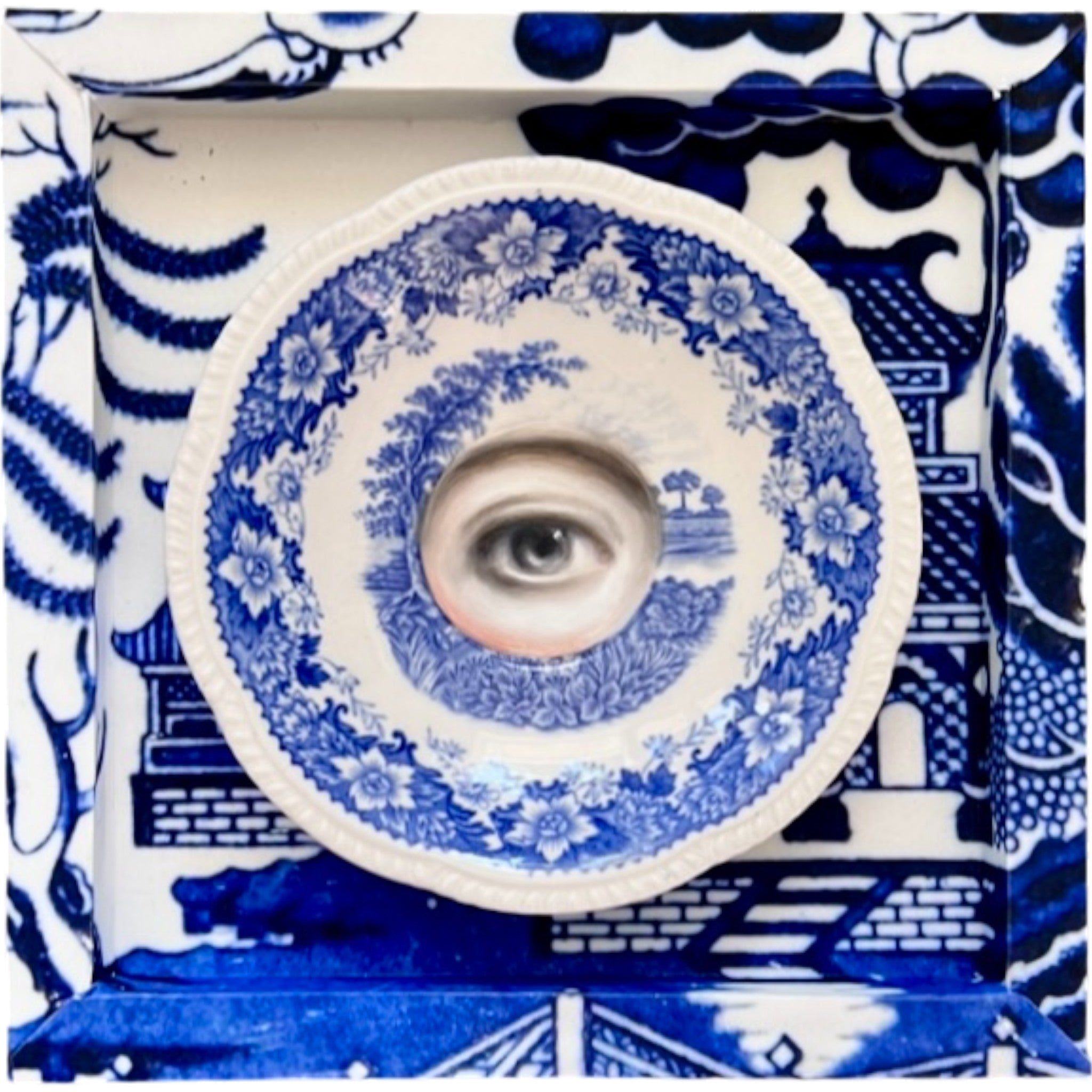 No. 2187 Lover's Eye Painting on an English Blue Transferware Landscape Plate