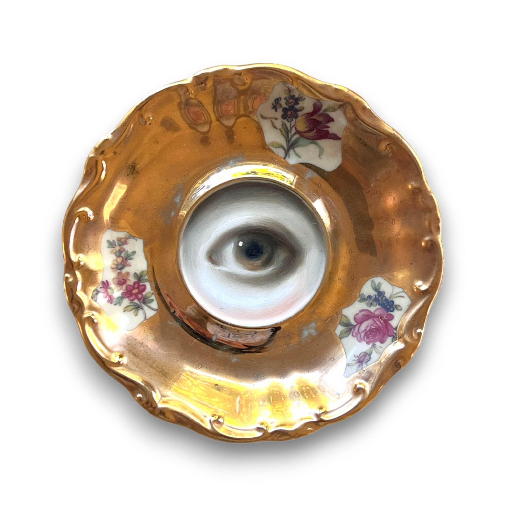 No. 3674 Lover's Eye Painting on a Floral Gold Luster Plate