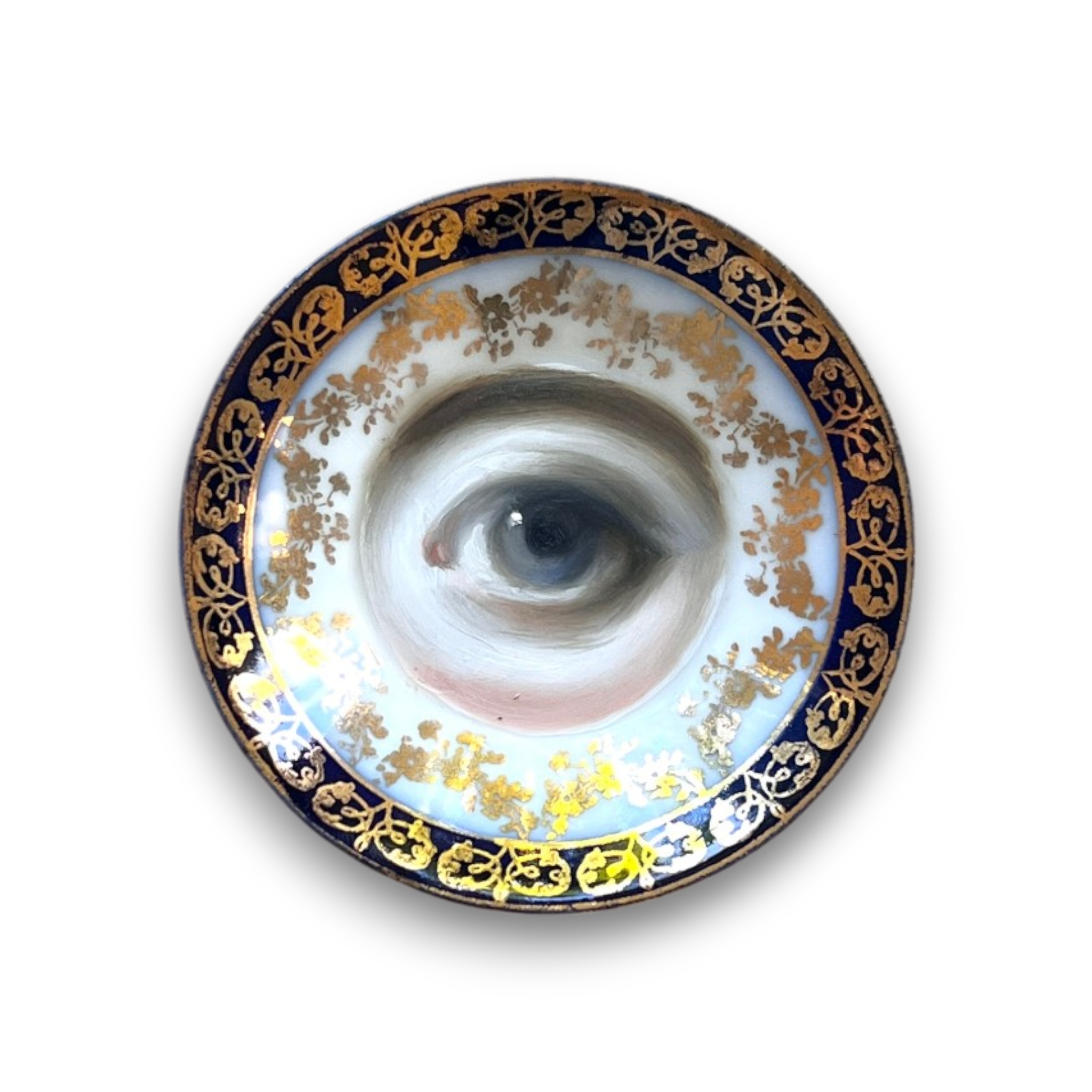 No. 3690 Lover's Eye Painting on an Antique Flow Blue Butter Pat Plate