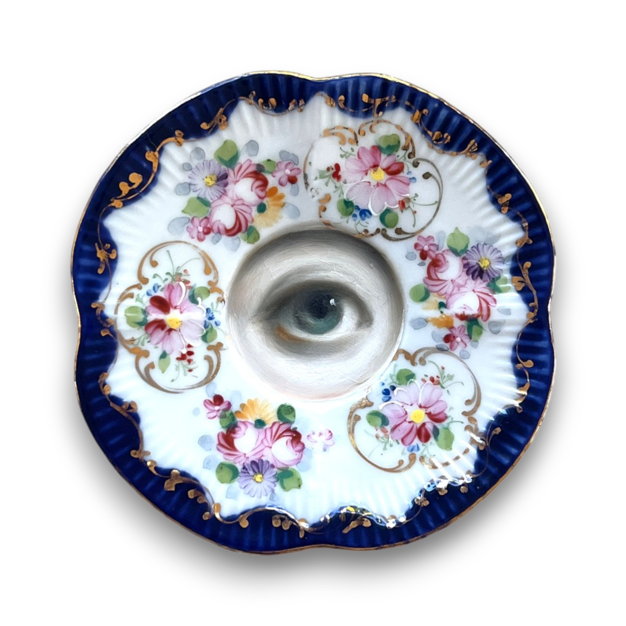 No. 3684 Lover's Eye Painting on an Antique Blue Floral Plate