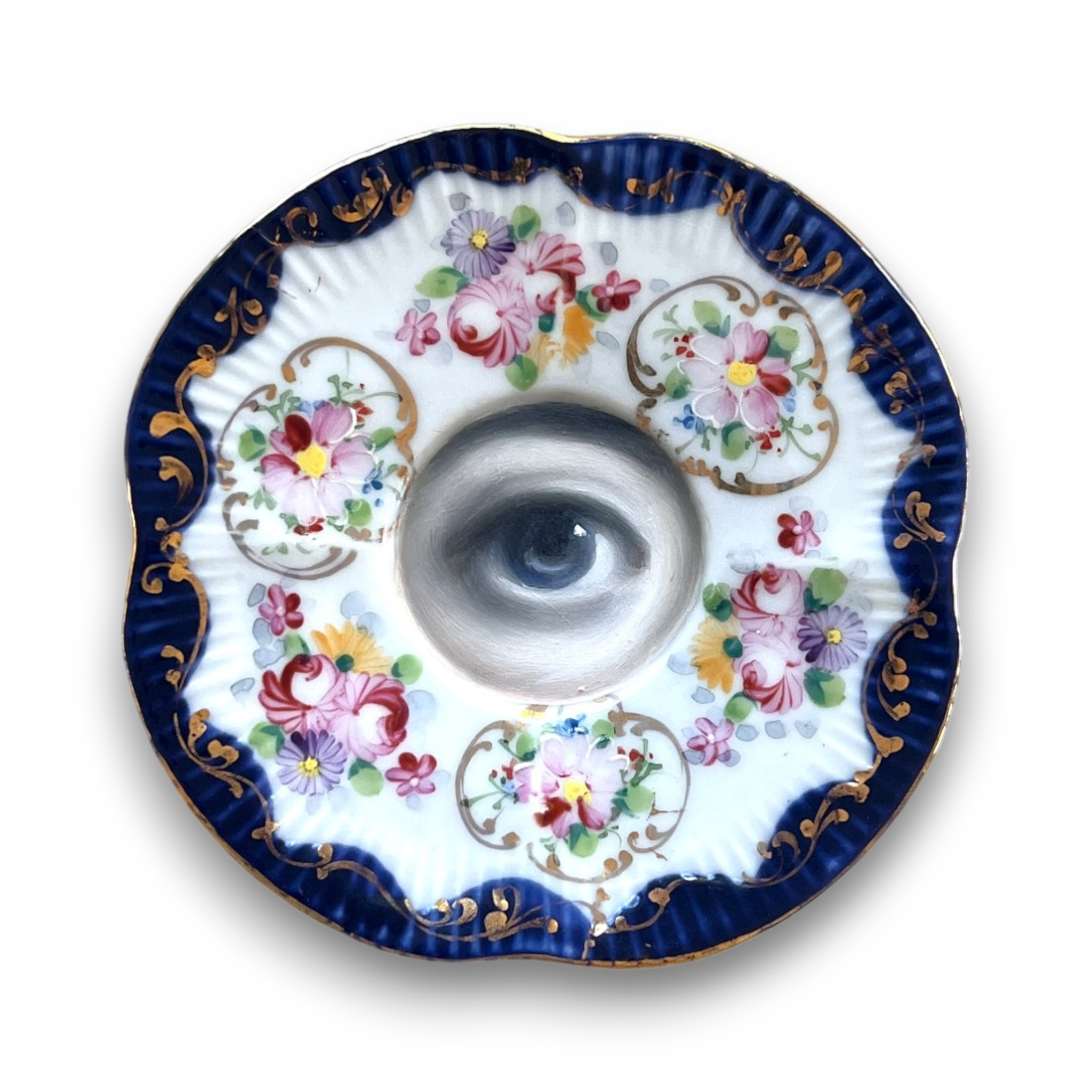 No. 3683 Lover's Eye Painting on an Antique Blue Floral Plate