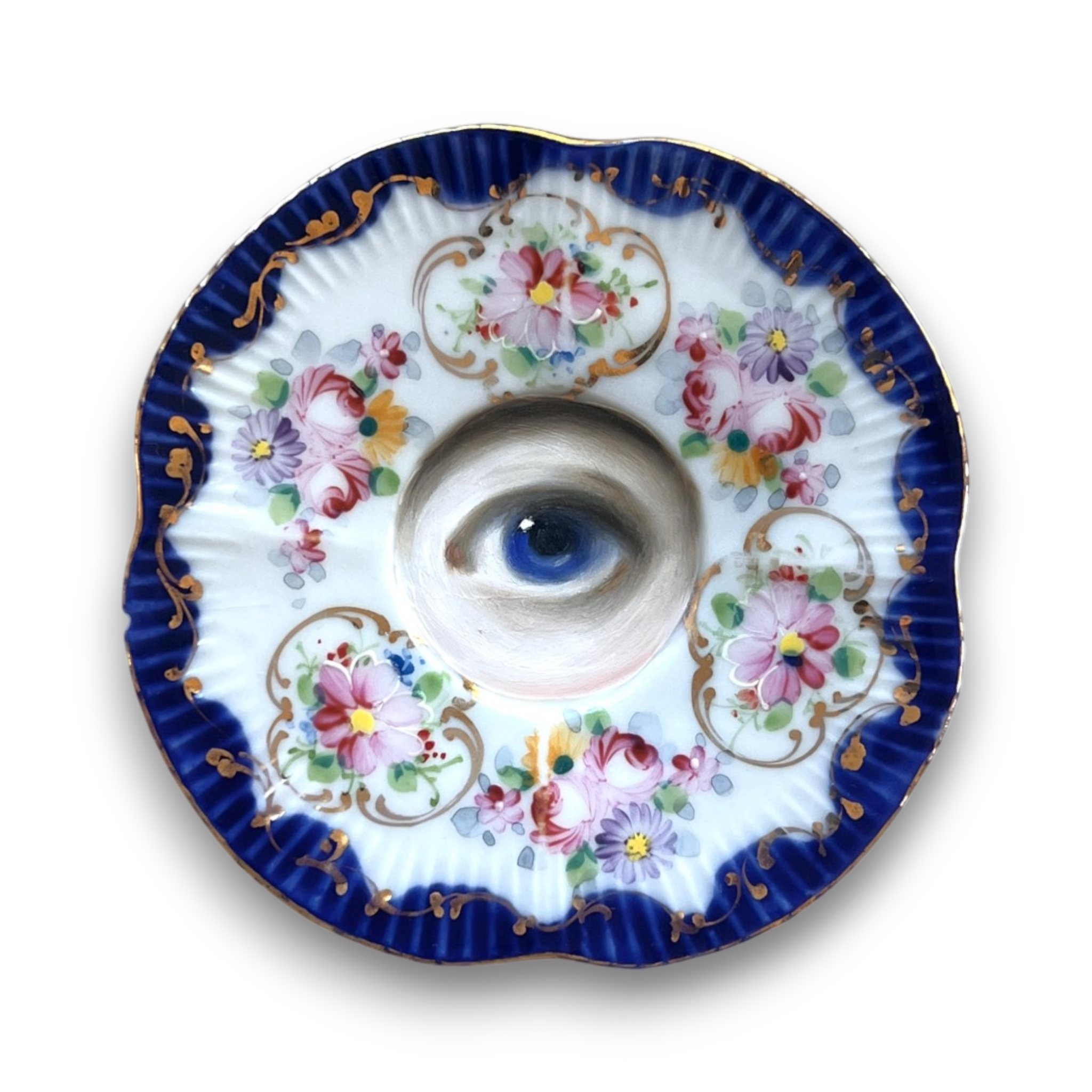 No. 3682 Lover's Eye Painting on an Antique Blue Floral Plate