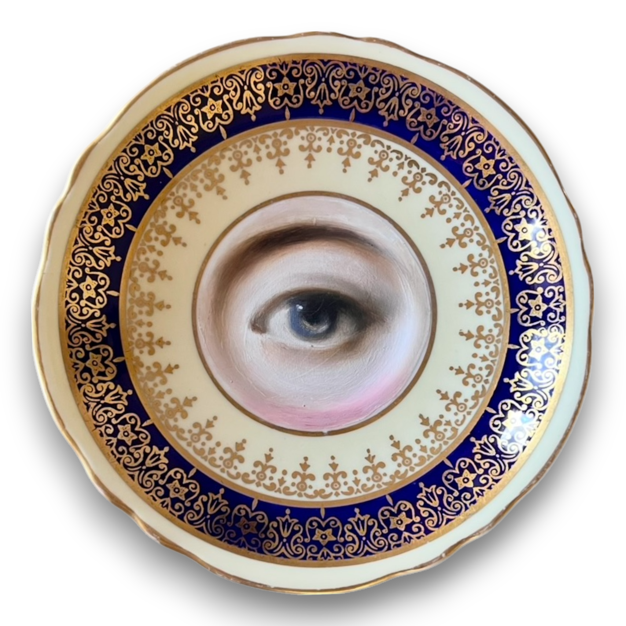 No. 2783 Lover's Eye Painting on an English Blue, Cream, and Gold Plate