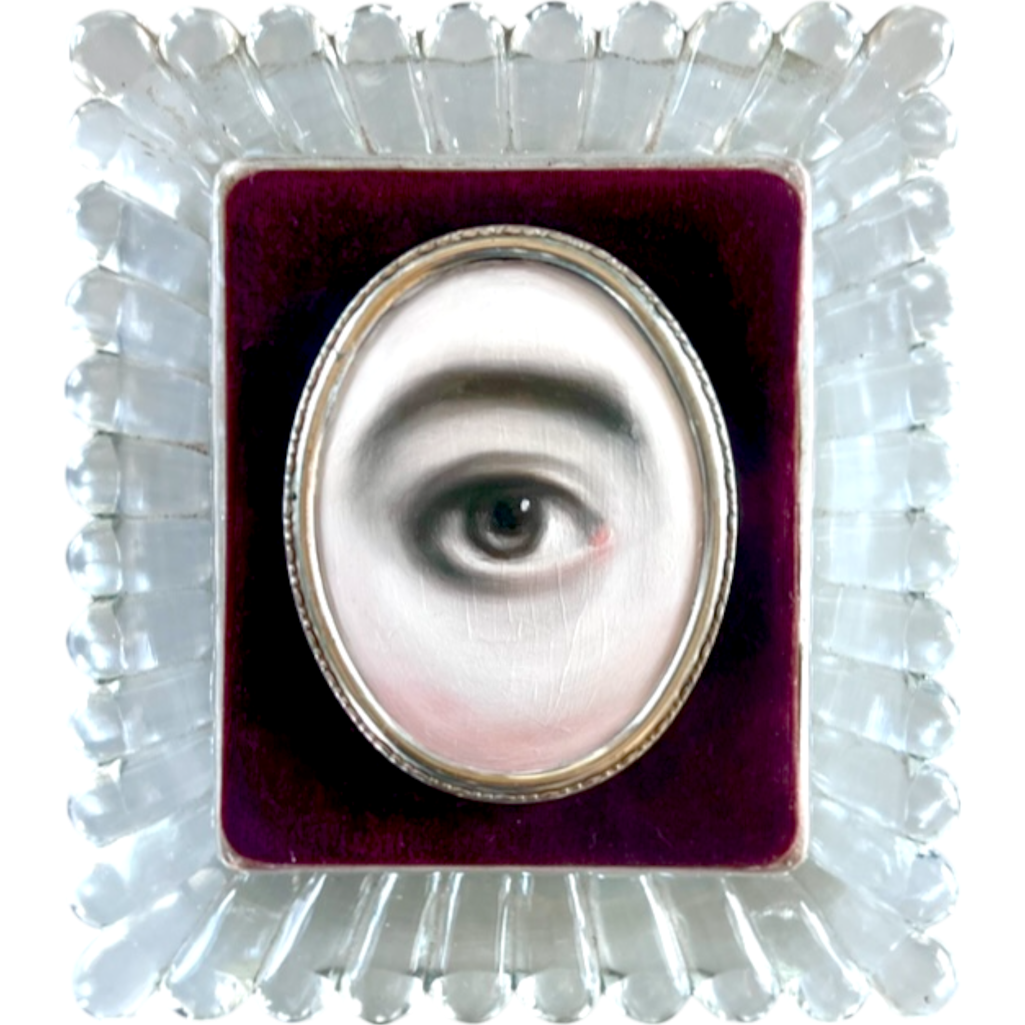 No. 2214 Lover's Eye Painting in a Burgundy Velvet & Glass Frame