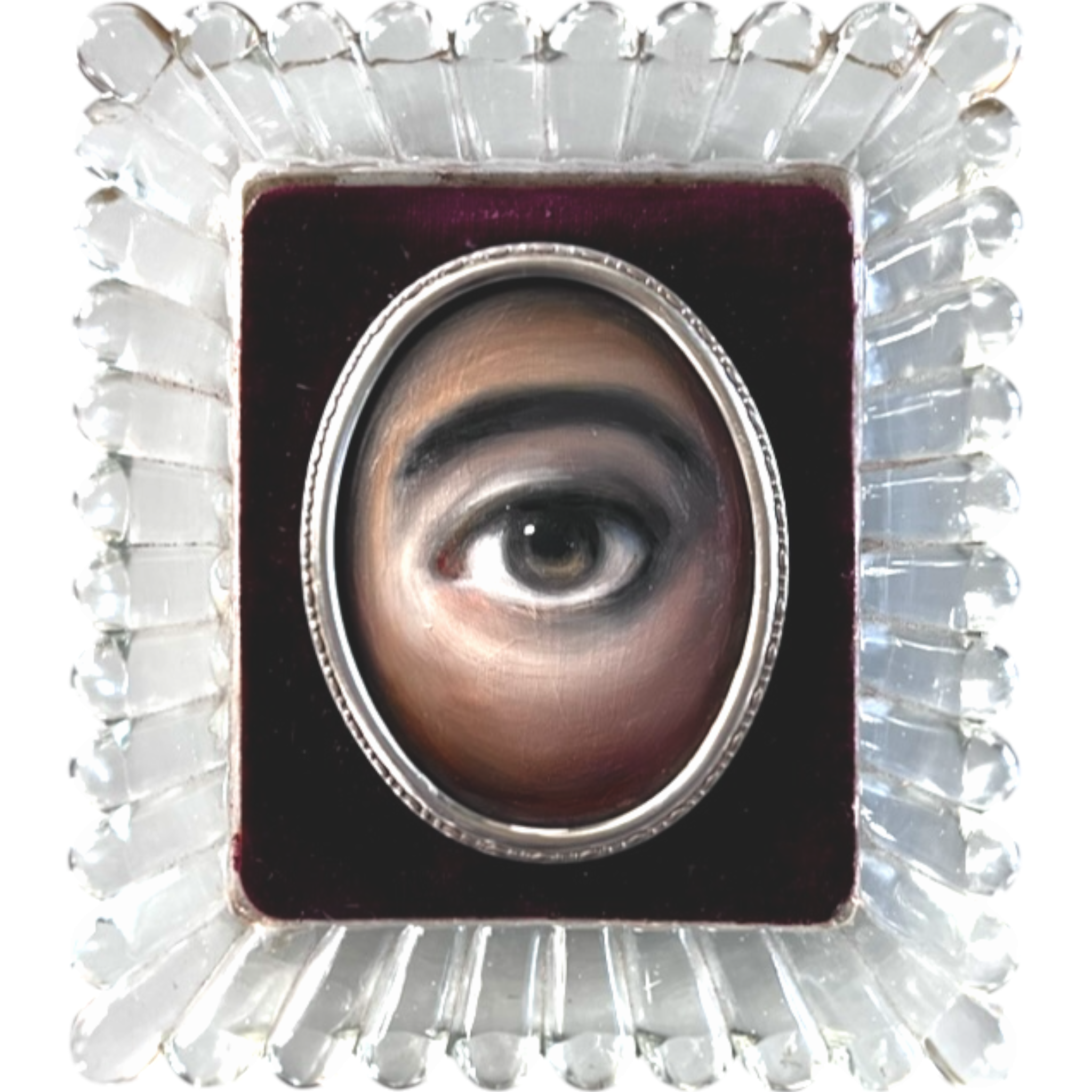 No. 2216 Lover's Eye Painting in a Burgundy Velvet & Glass Frame