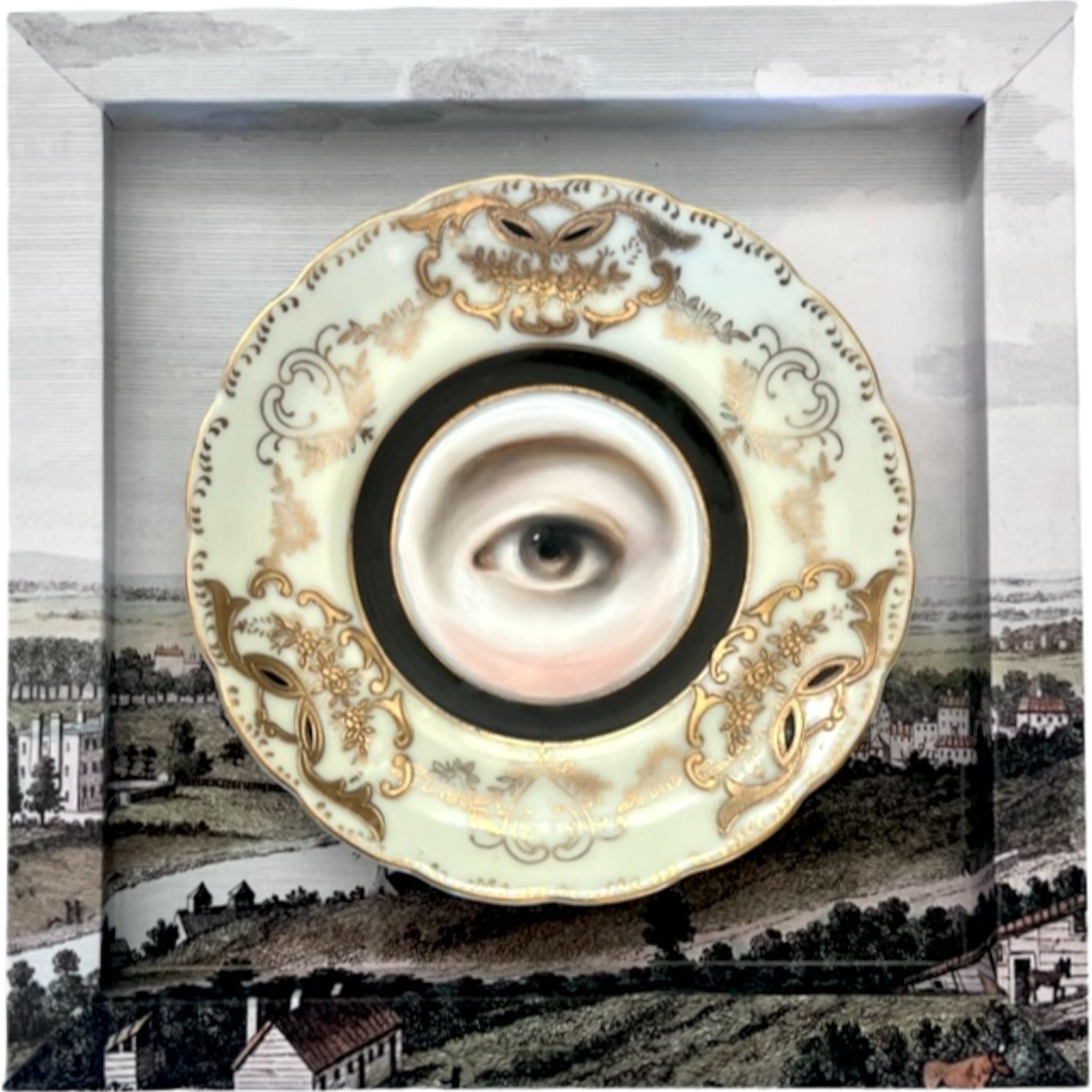 No. 2246 Lover's Eye Painting on a Black, Cream, & Gold Plate