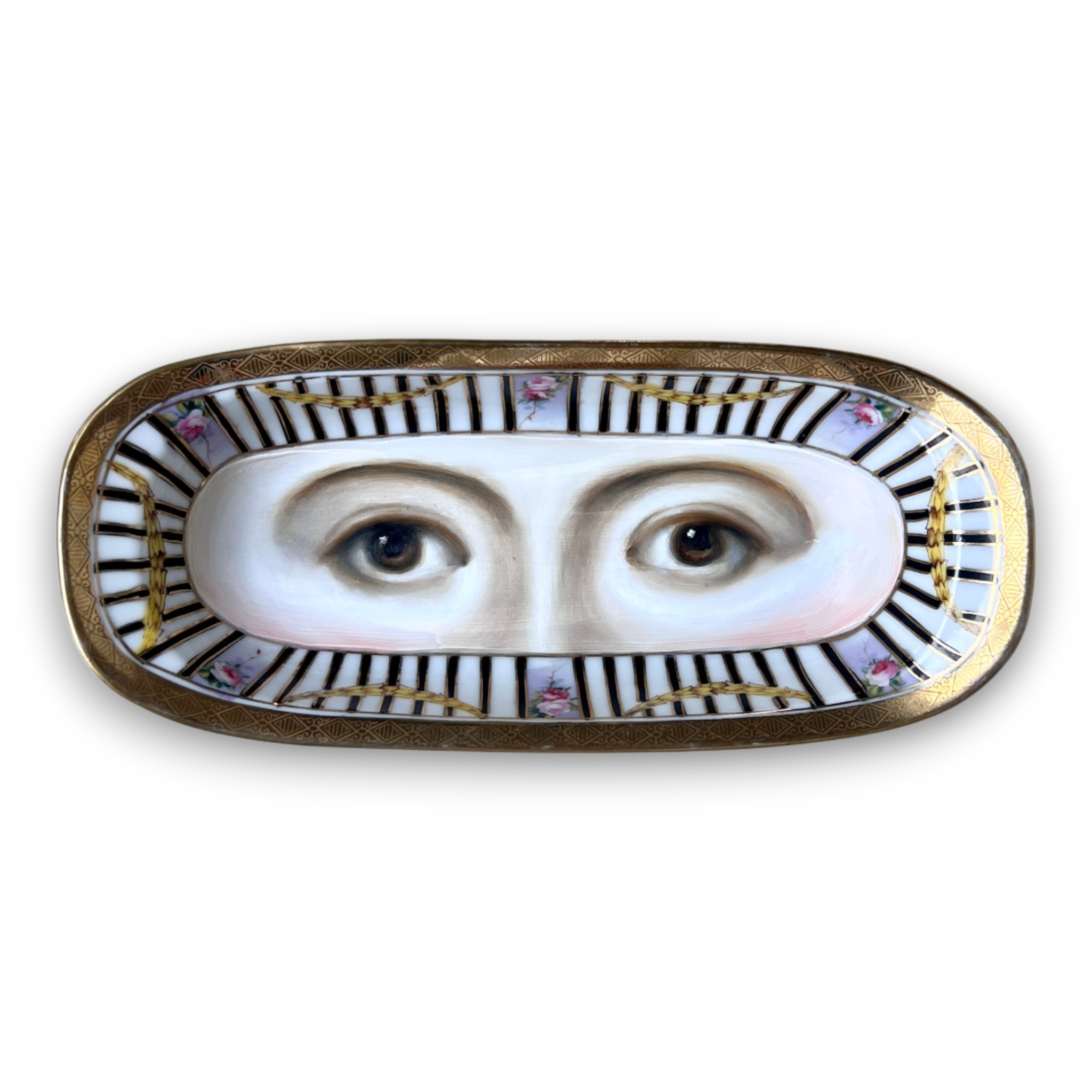 No. 3743 Lover's Eye Painting on an Antique Black & White Striped Dish