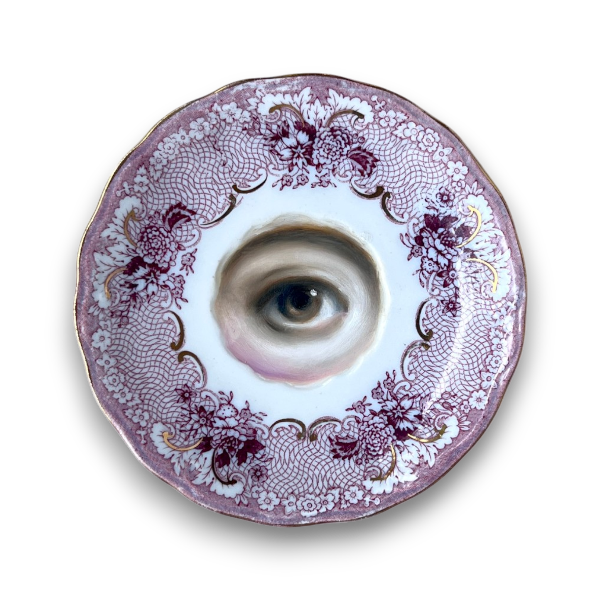 No. 3727 Lover's Eye Painting on an English Pink TransferwarePlate