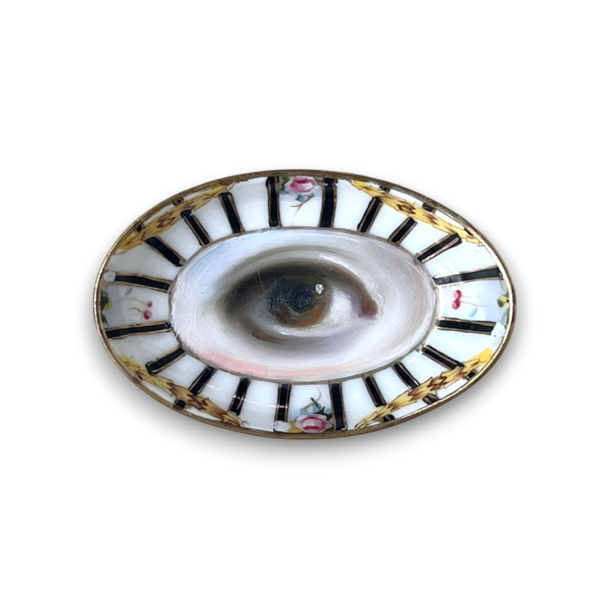 No. 3750 Lover's Eye Painting on a Black & White Striped Mini Dish