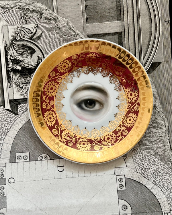 New! - Lover's Eye Painting on a Deep Pink and Gold Plate