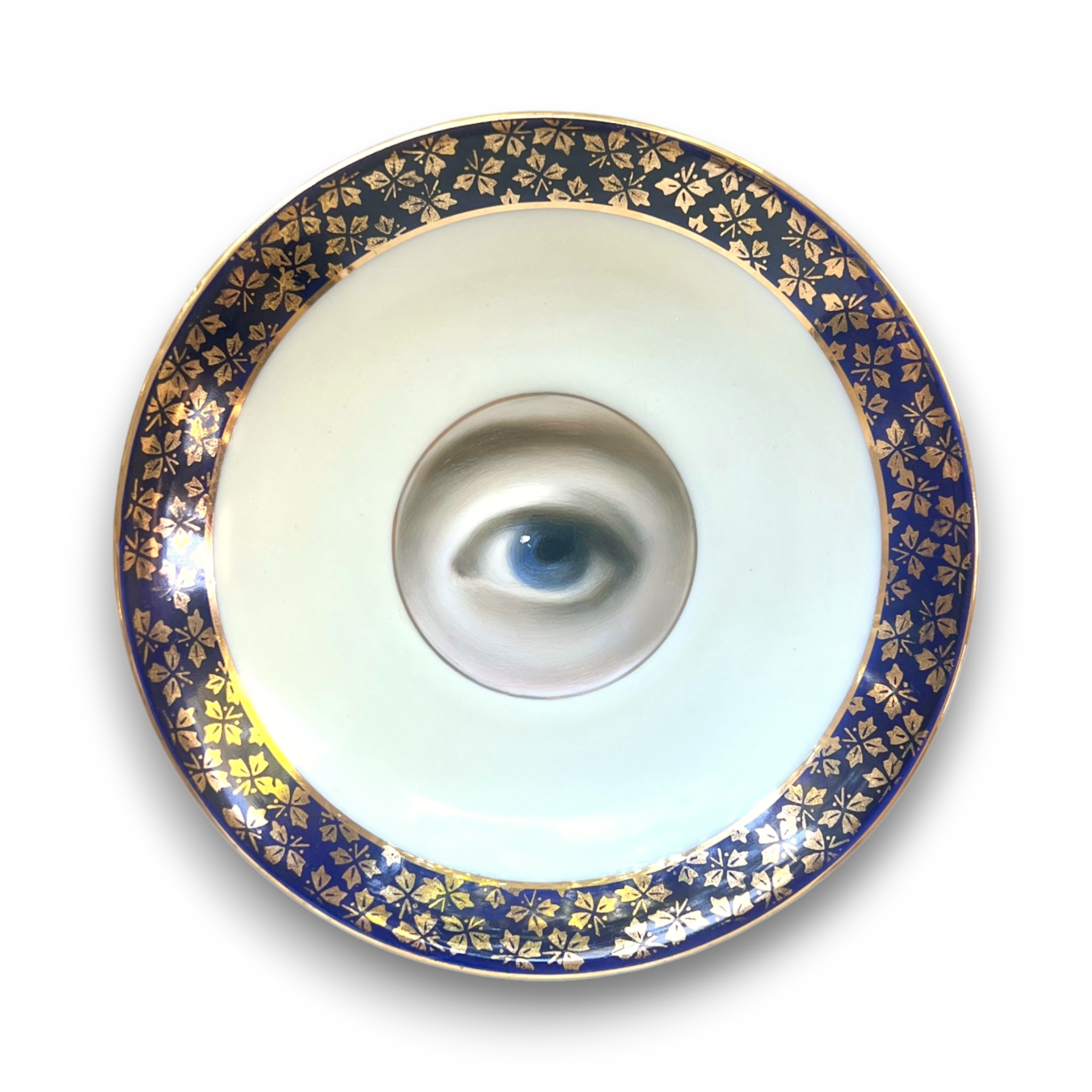 No. 3762 Lover’s Eye Painting on an English Blue, Cream & Gold Plate