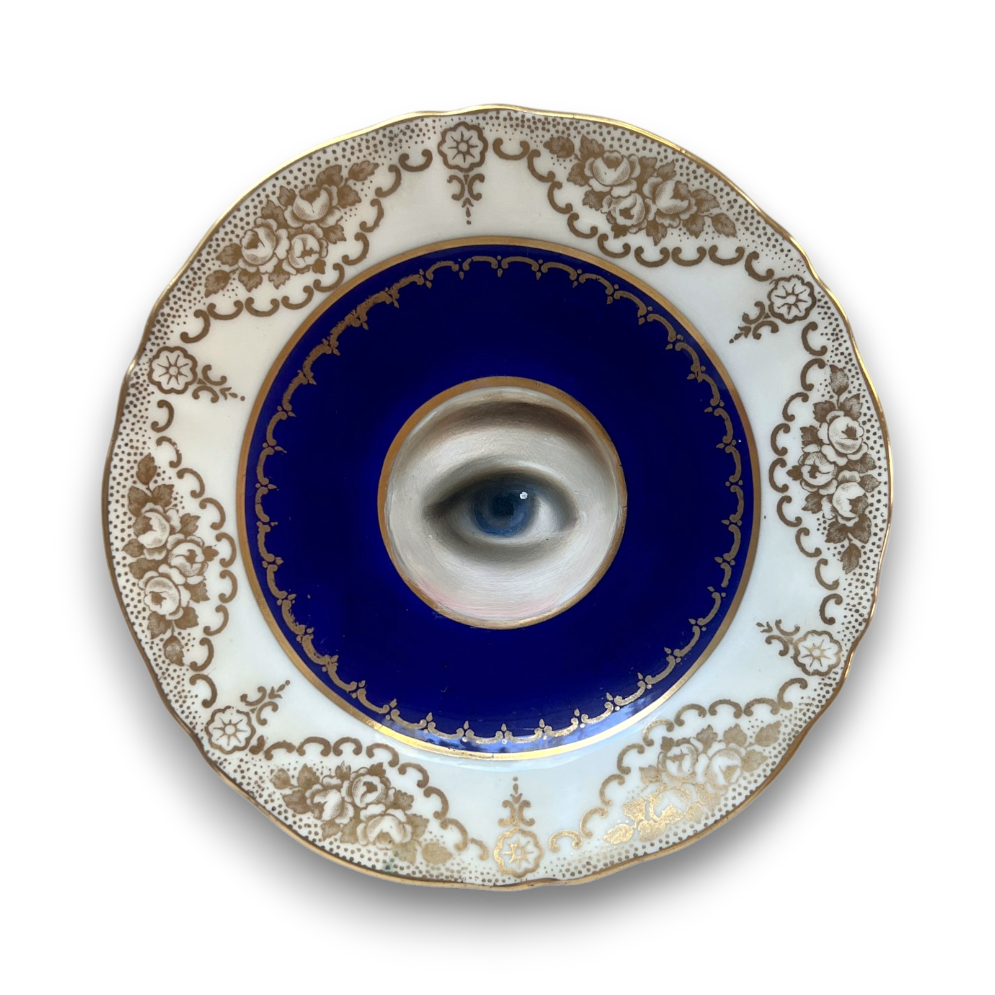 No. 3763 Lover’s Eye Painting on a Blue Staffordshire Plate